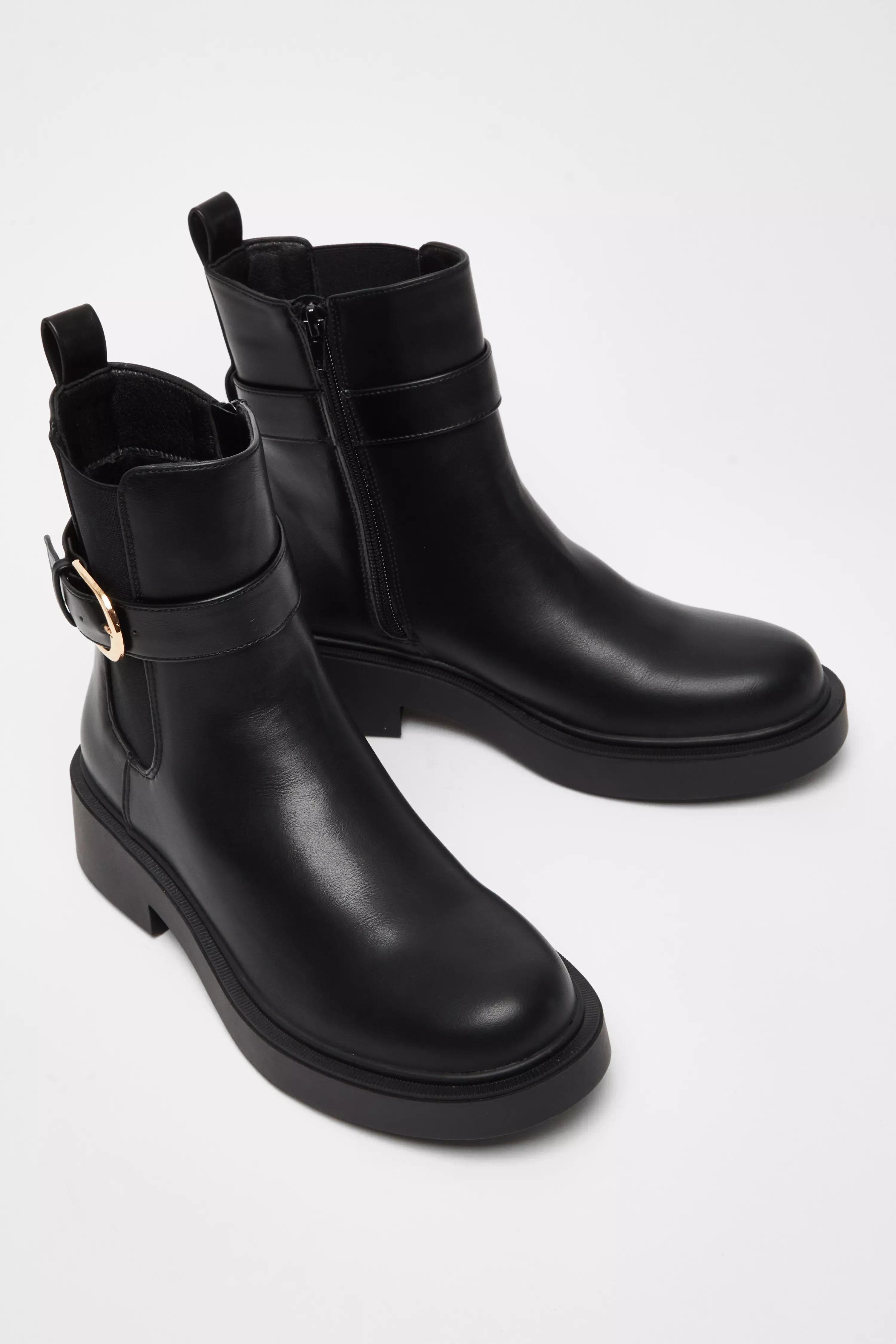 Black Faux Leather Chunky Buckle Boots