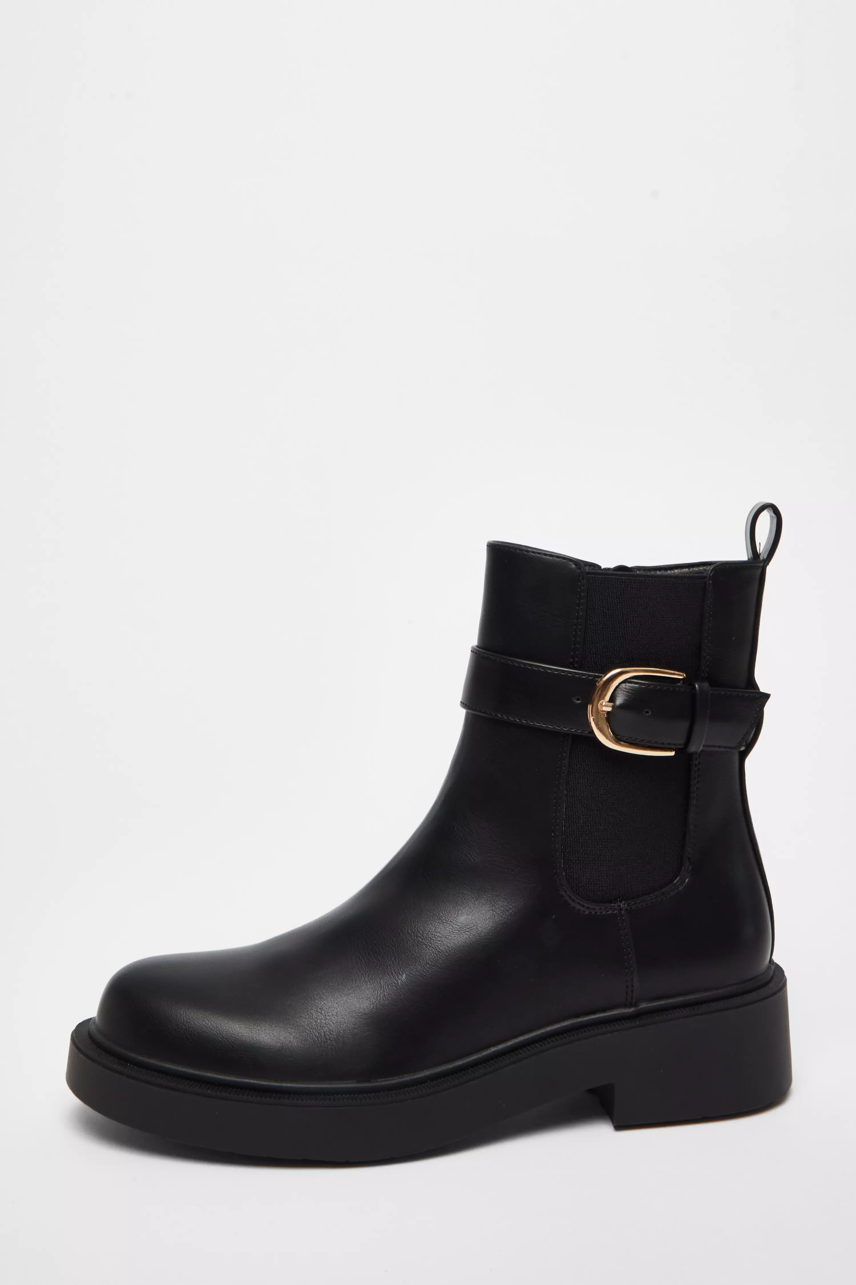 Black Faux Leather Chunky Buckle Boots