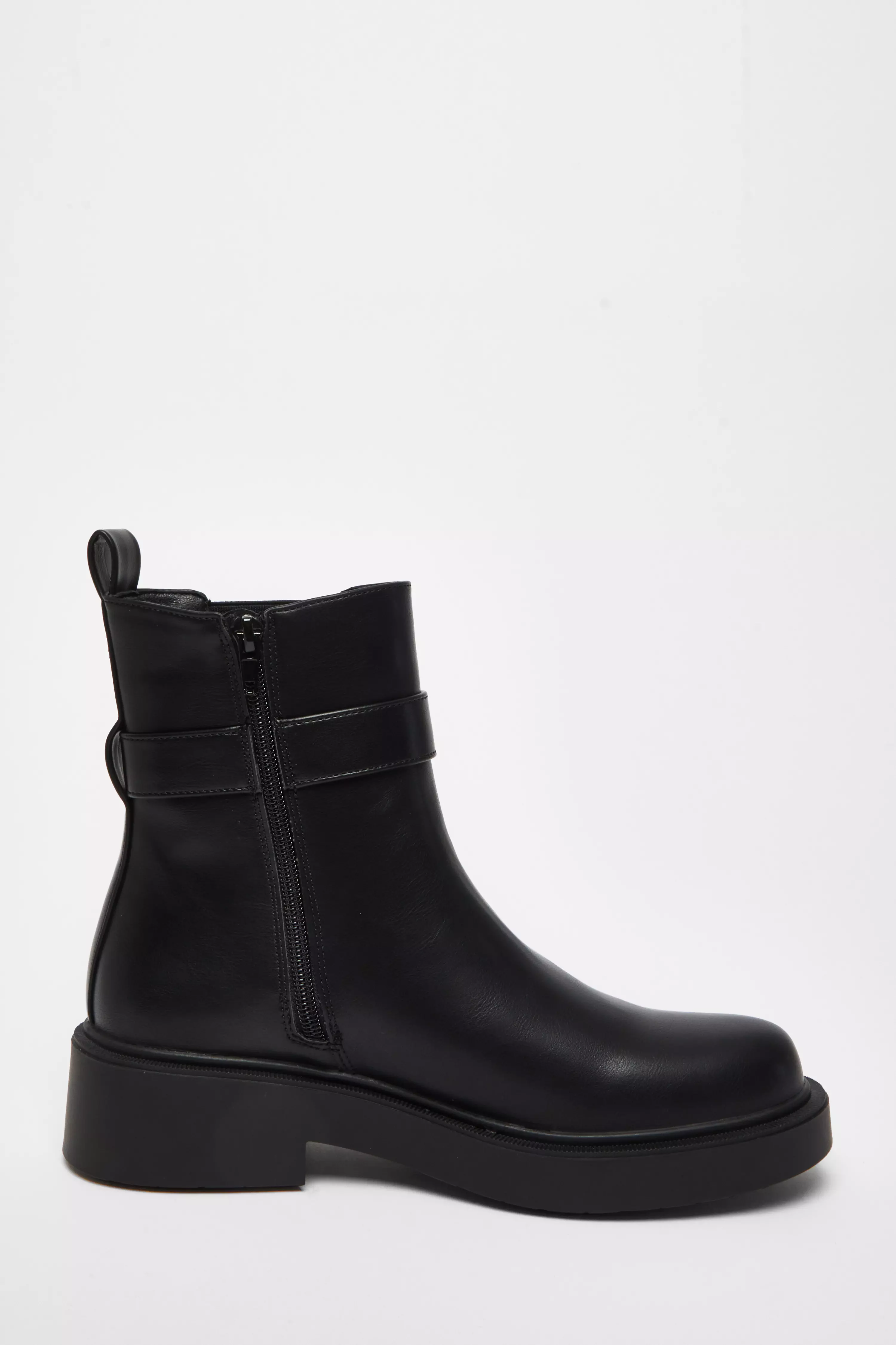 Black Faux Leather Chunky Buckle Boots