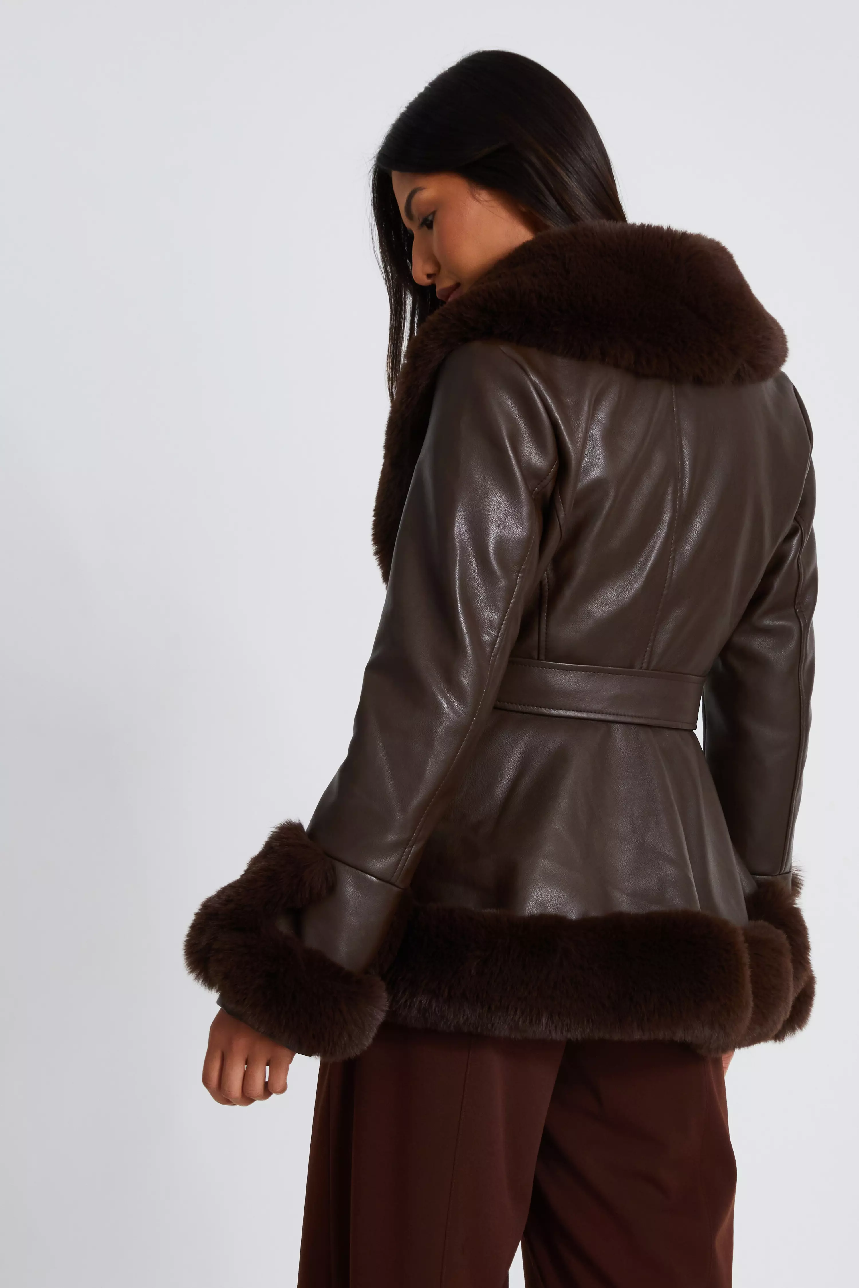 Brown Faux Leather Belted Jacket 