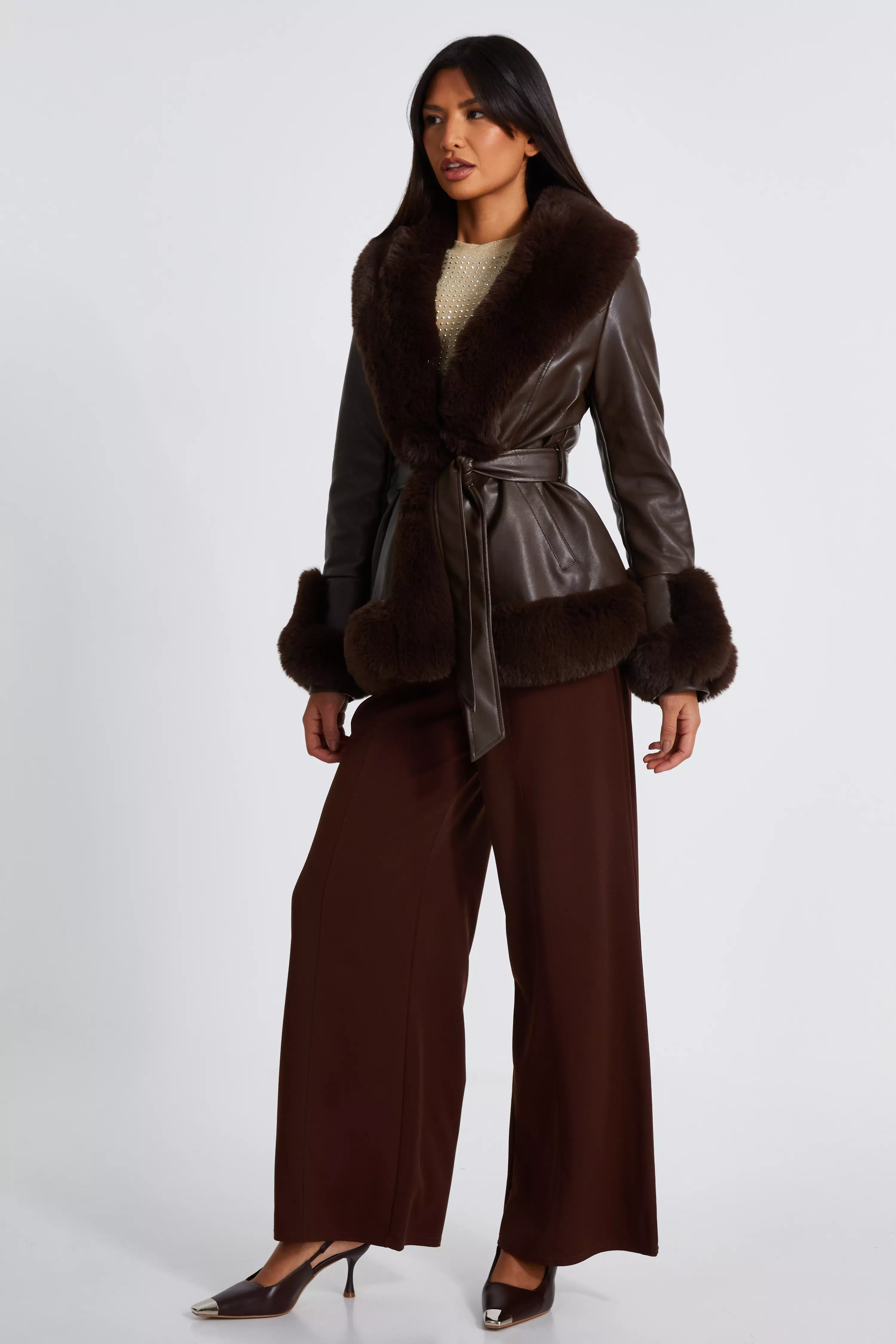 Brown Faux Leather Belted Jacket 