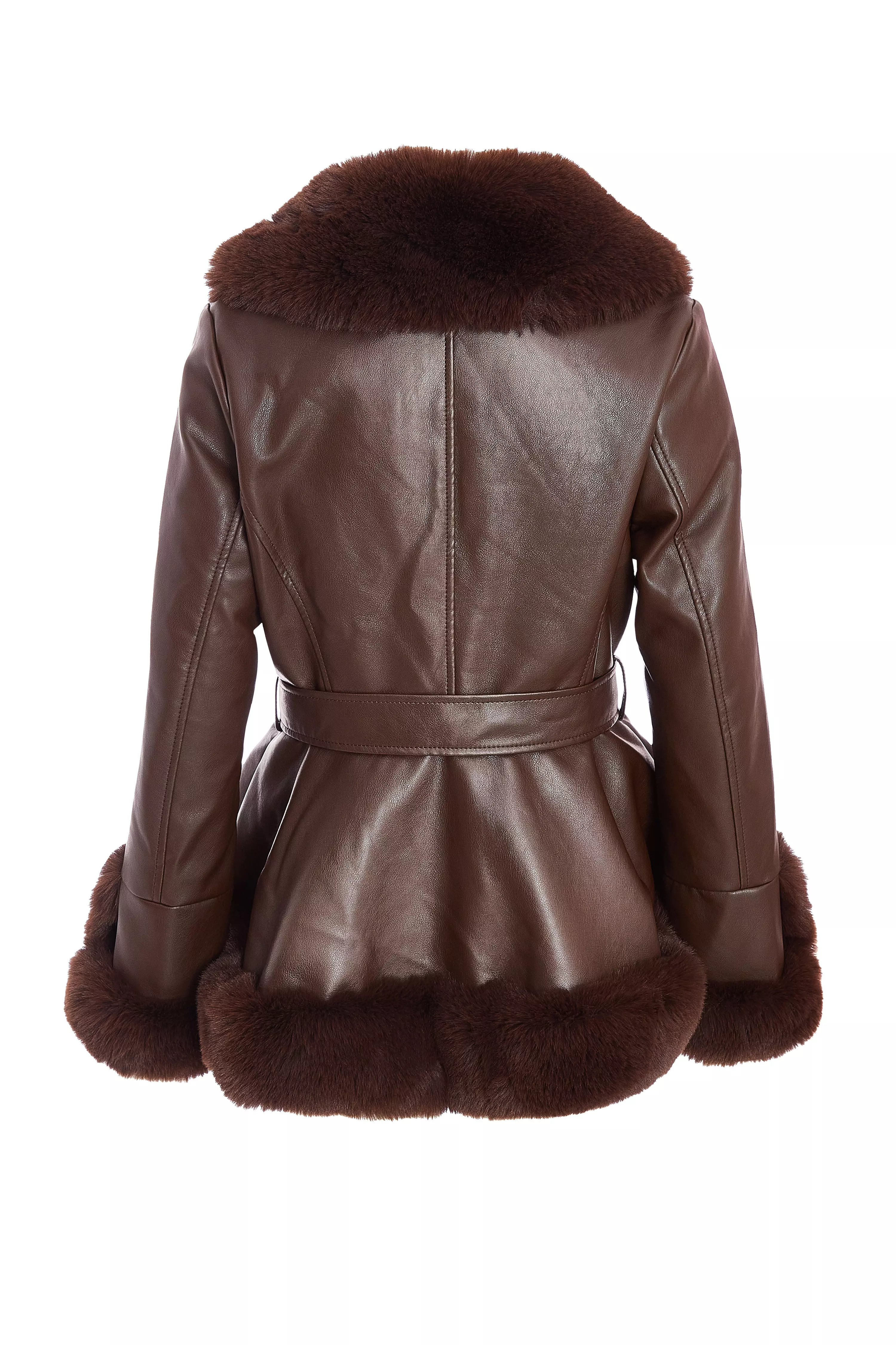 Brown Faux Leather Belted Jacket 