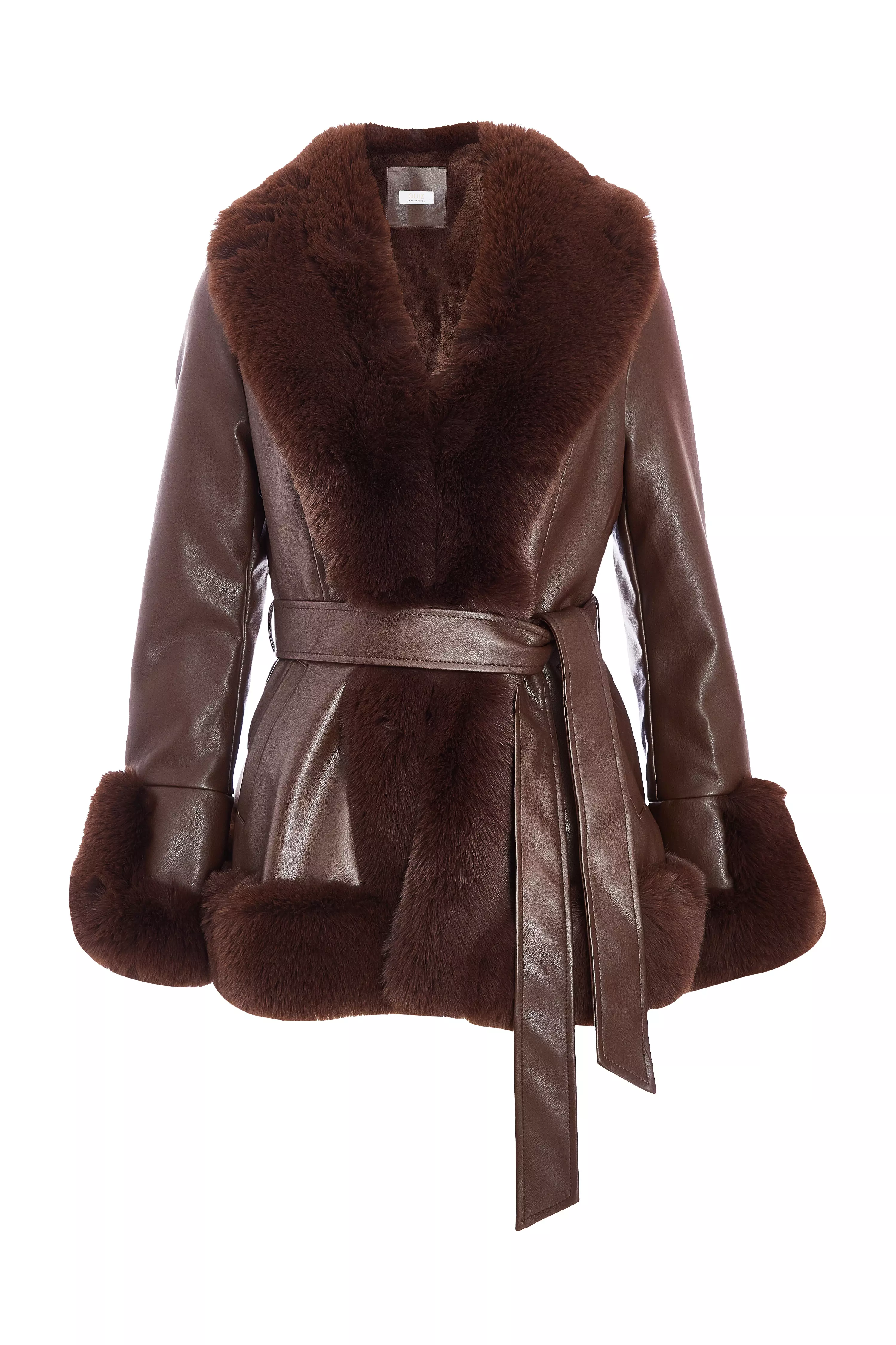 Brown Faux Leather Belted Jacket 