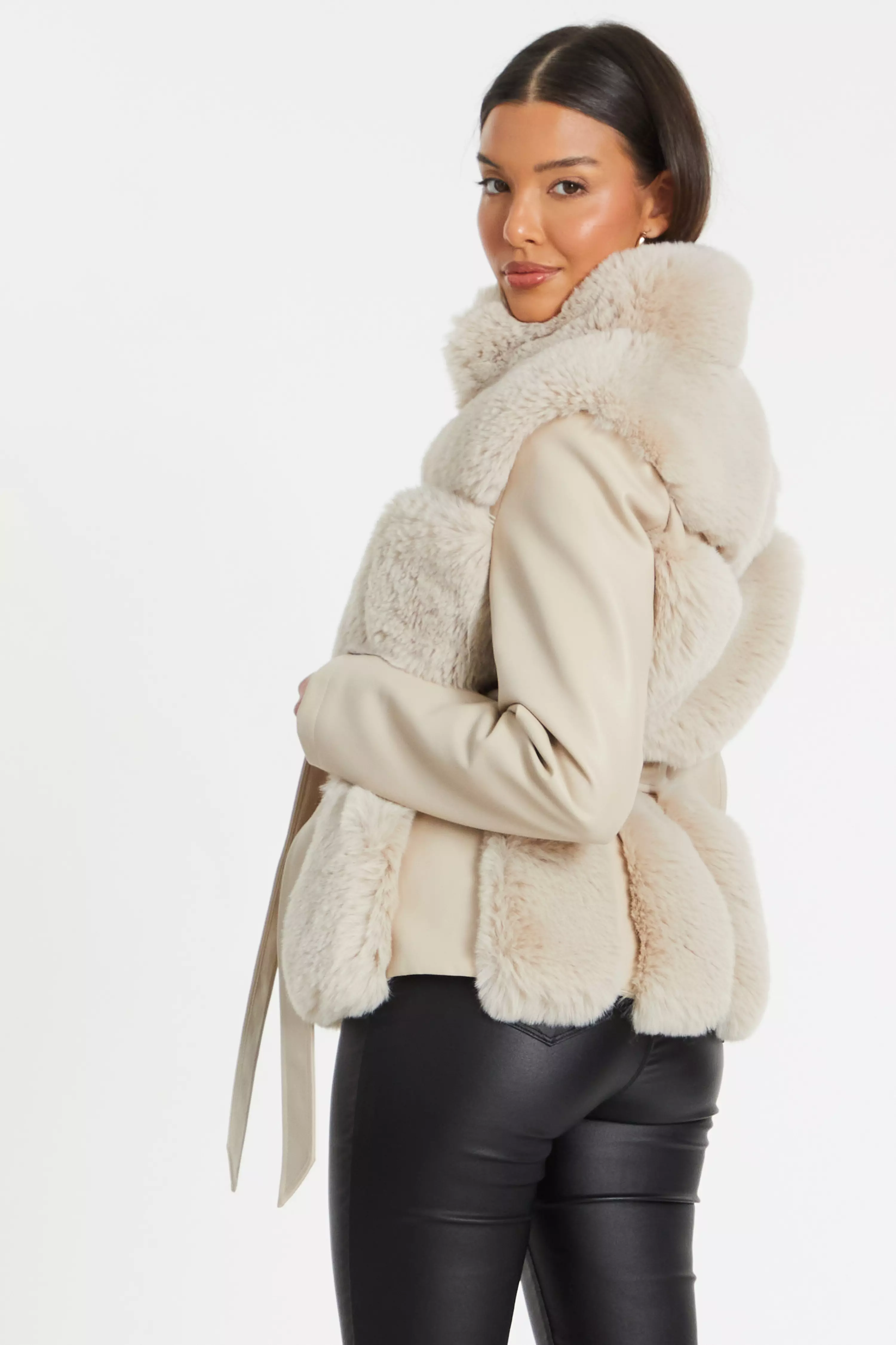 Stone Faux Fur Contrast Belted Jacket