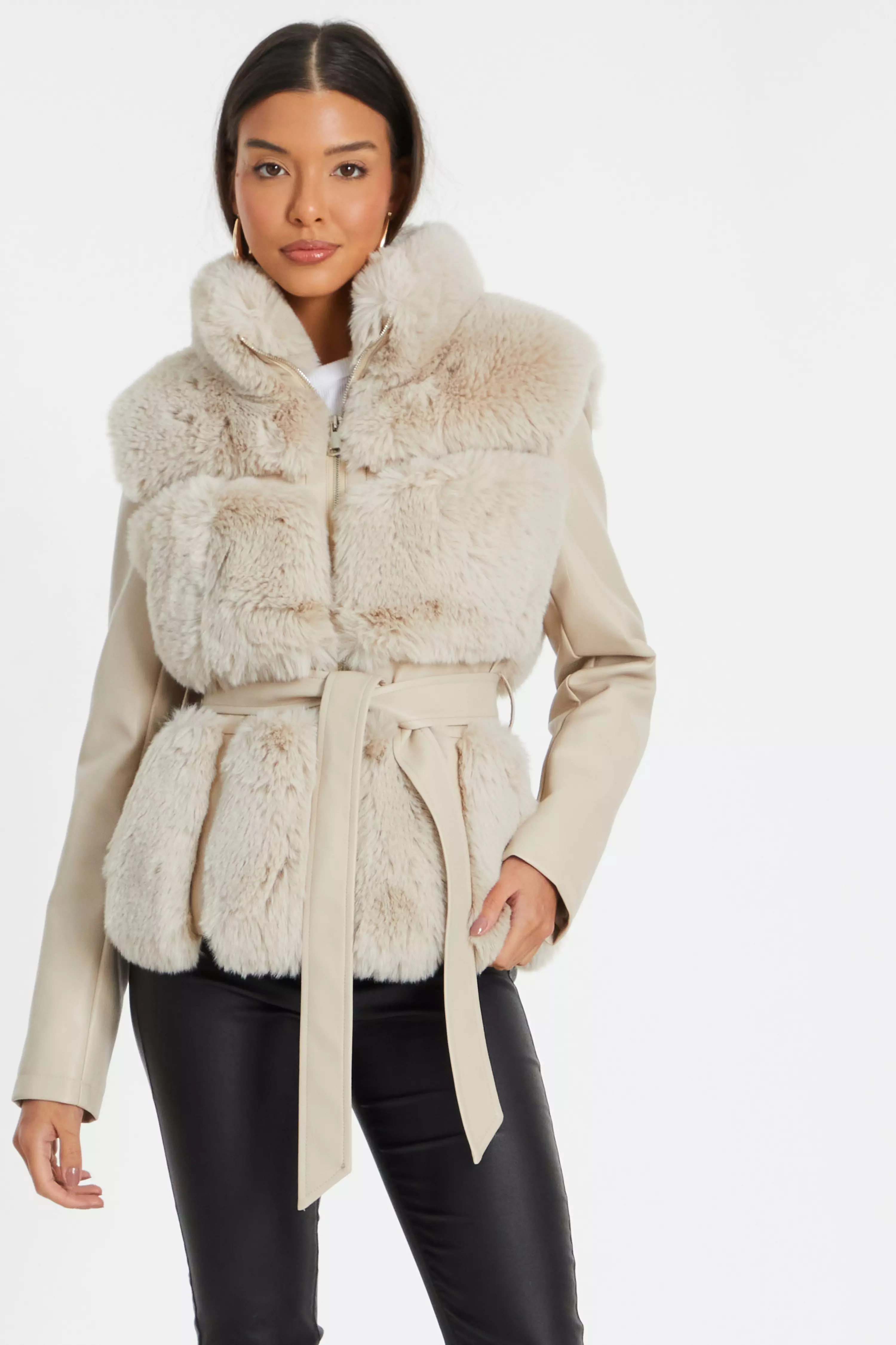 Stone Faux Fur Contrast Belted Jacket