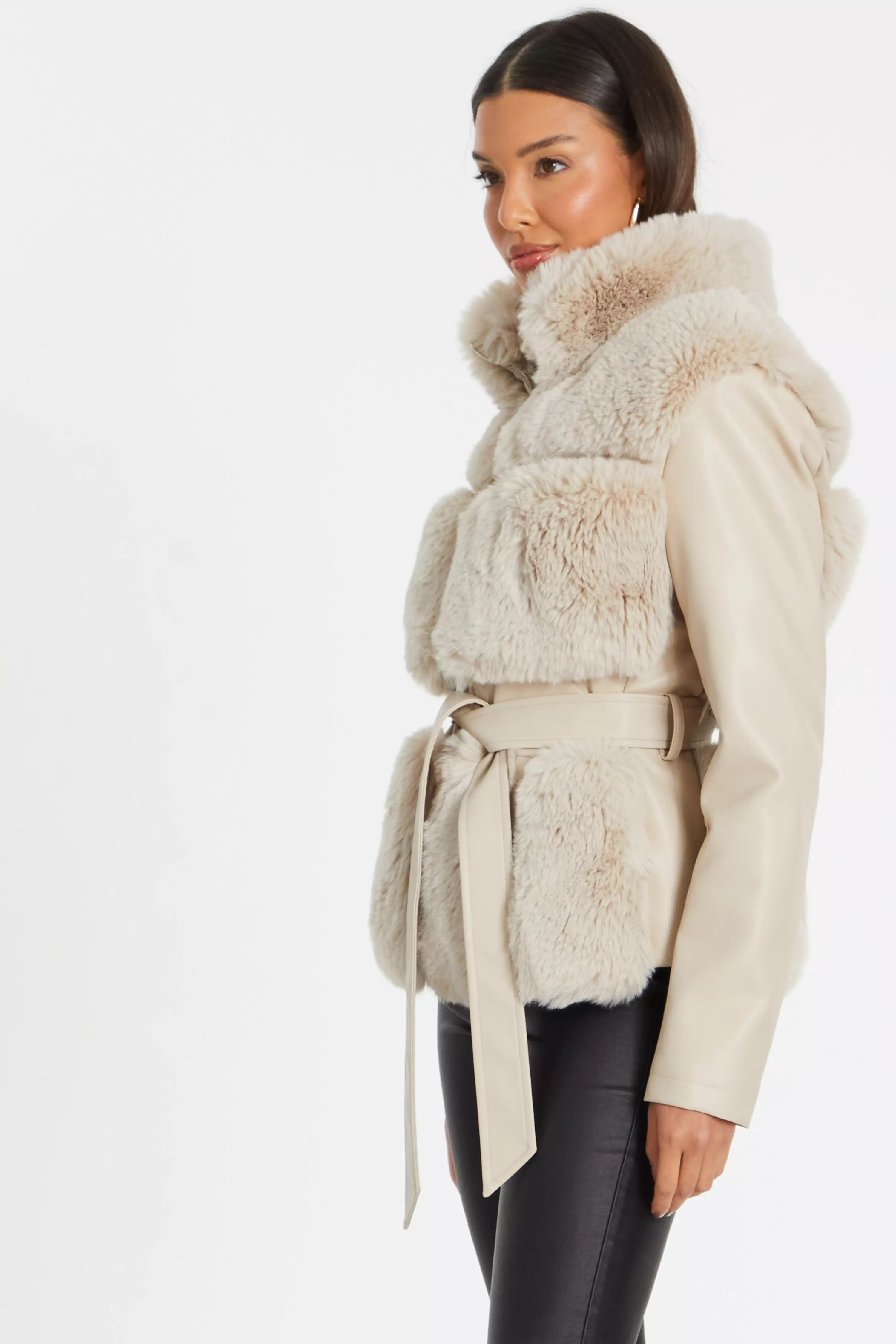 Stone Faux Fur Contrast Belted Jacket