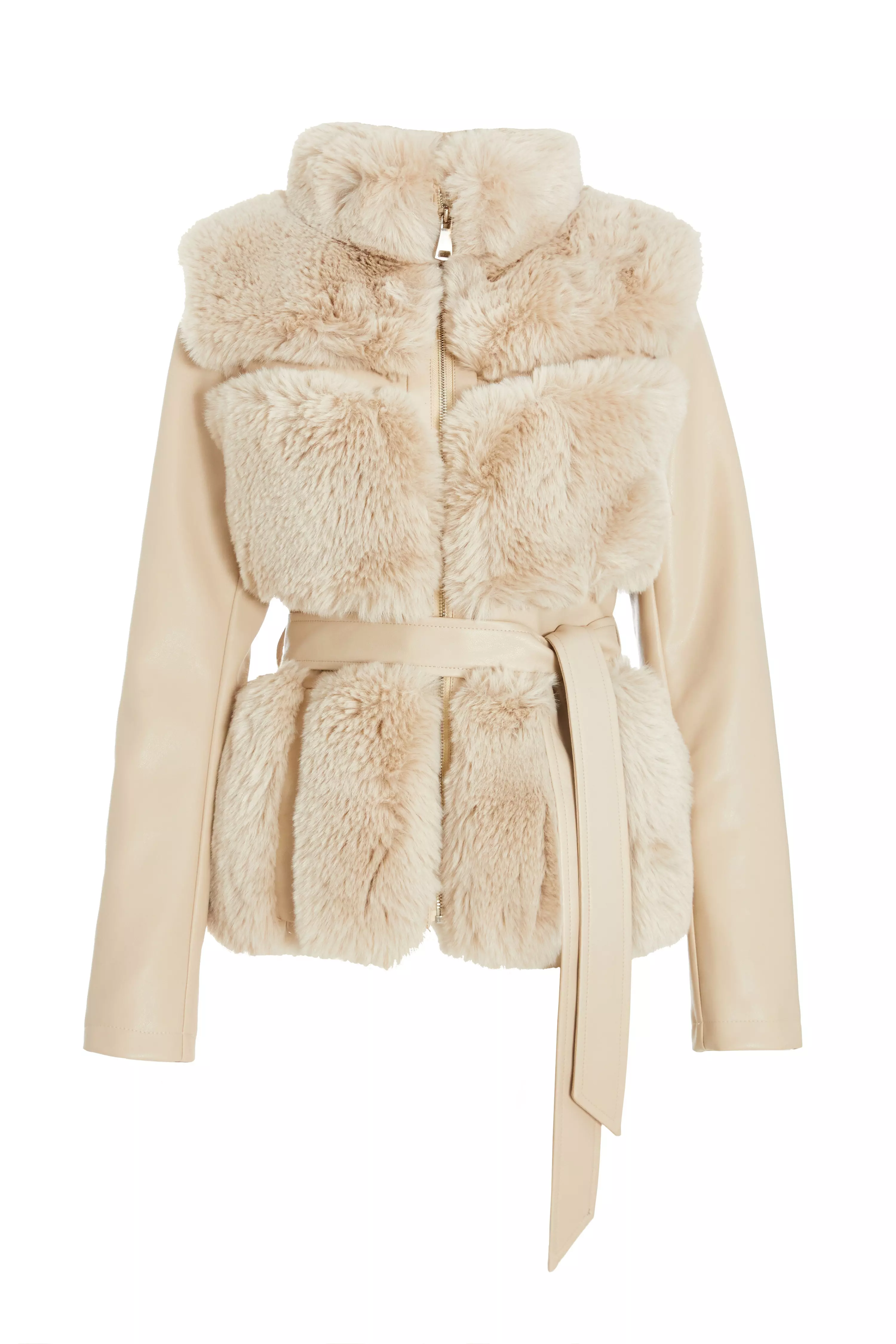 Stone Faux Fur Contrast Belted Jacket