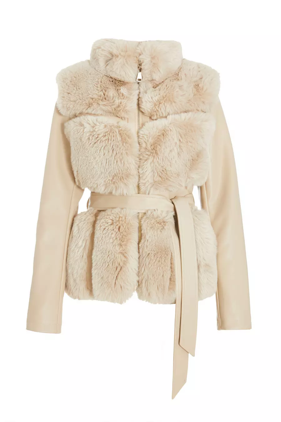 Stone Faux Fur Contrast Belted Jacket QUIZ Clothing