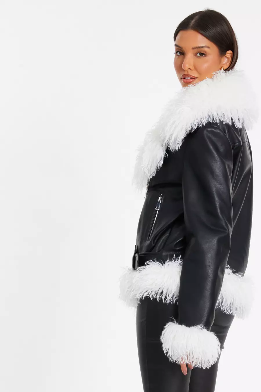 Black Faux Fur Contrast Belted Jacket QUIZ Clothing