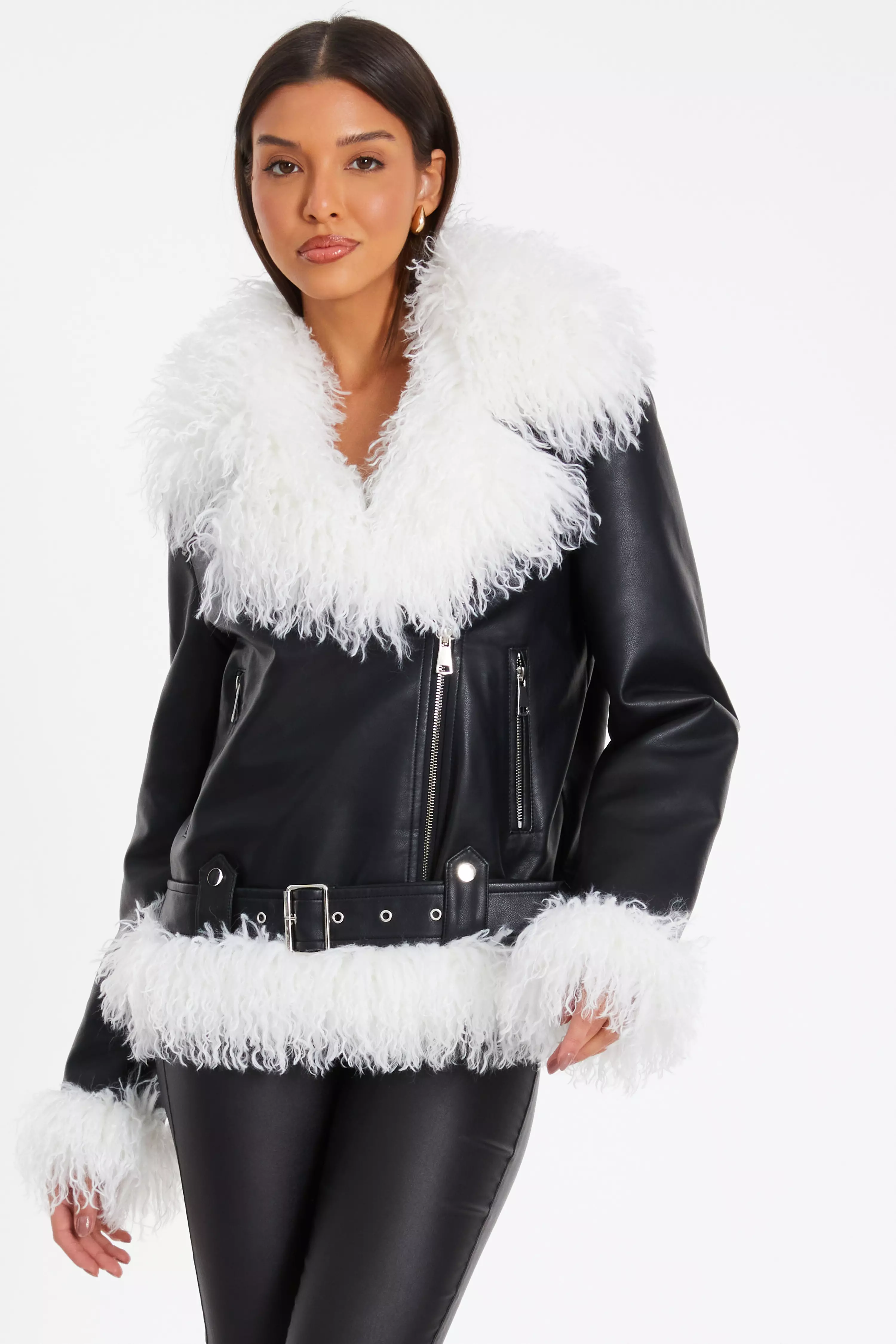 Black Faux Fur Contrast Belted Jacket