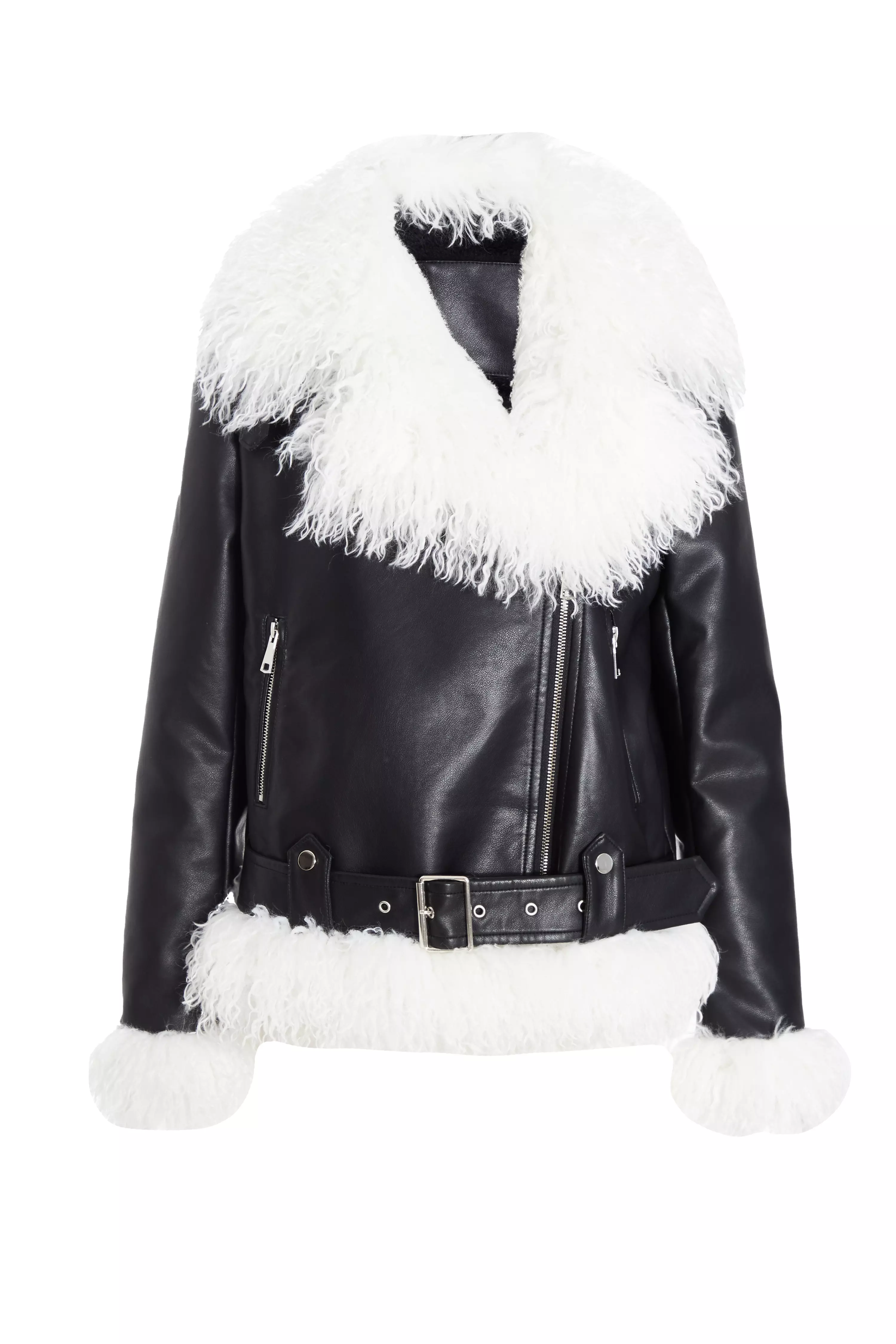 Black Faux Fur Contrast Belted Jacket