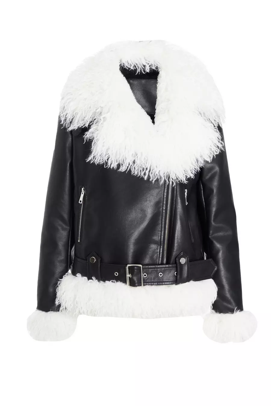 Black Faux Fur Contrast Belted Jacket QUIZ Clothing