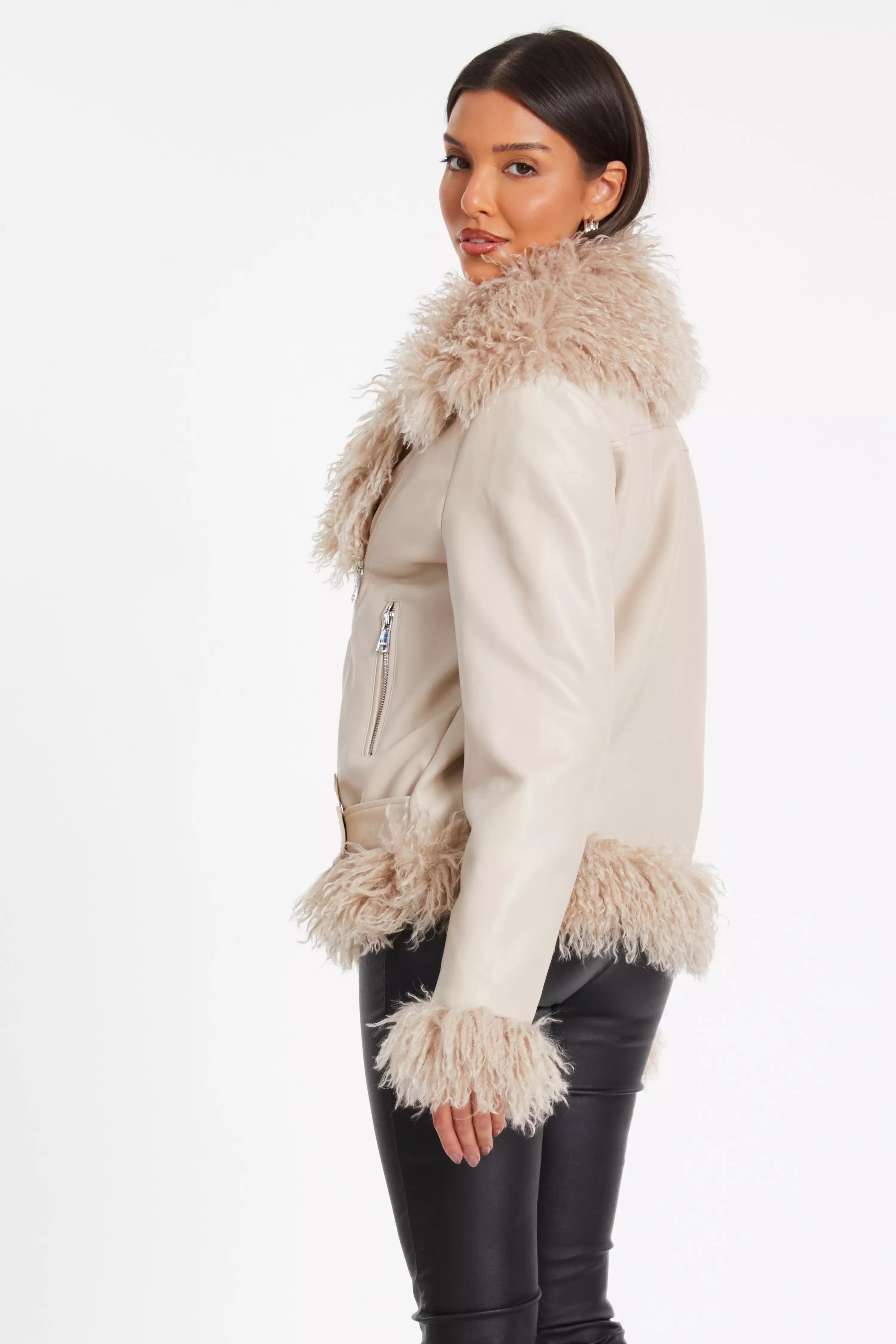 Stone Faux Fur Contrast Belted Jacket