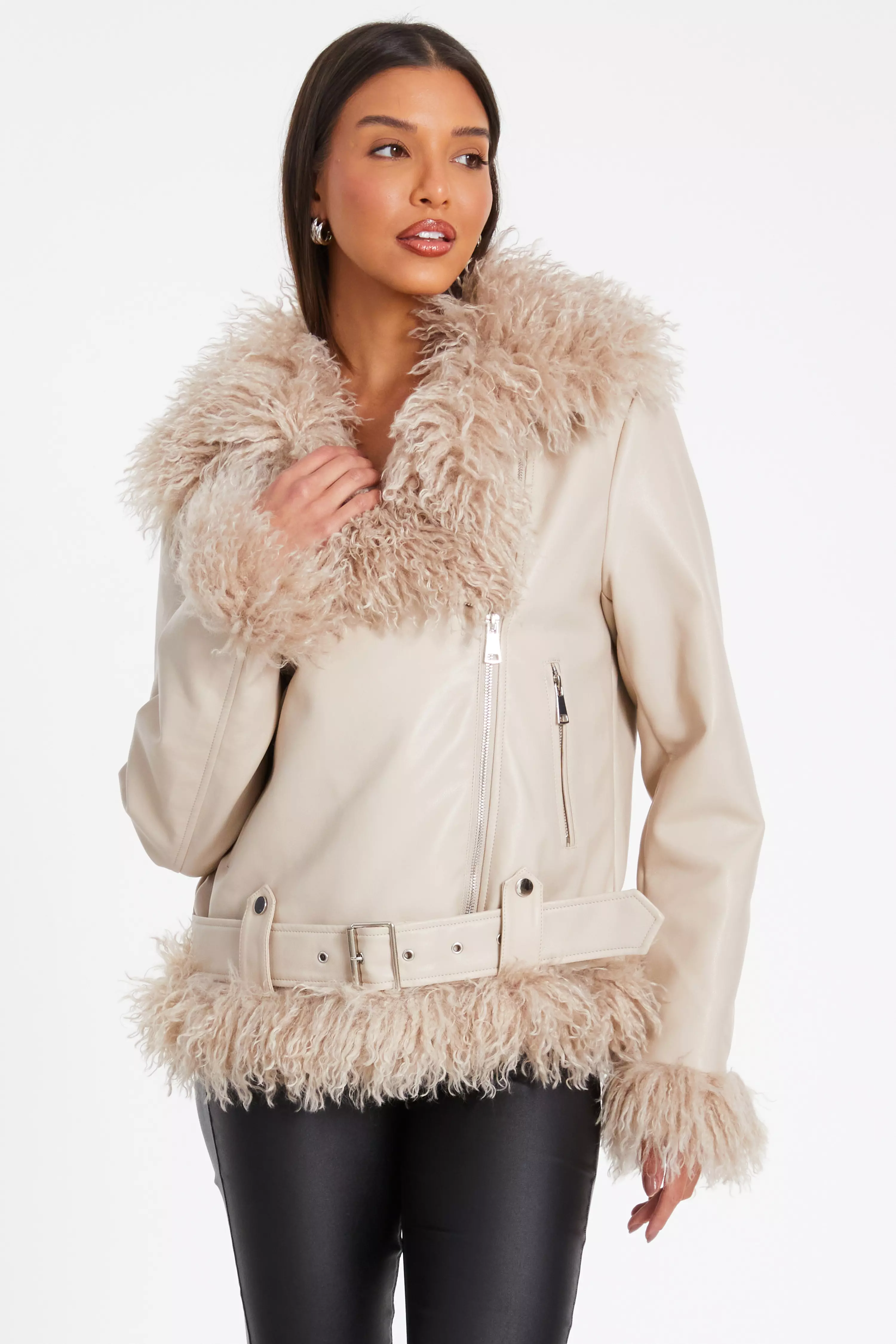 Stone Faux Fur Contrast Belted Jacket