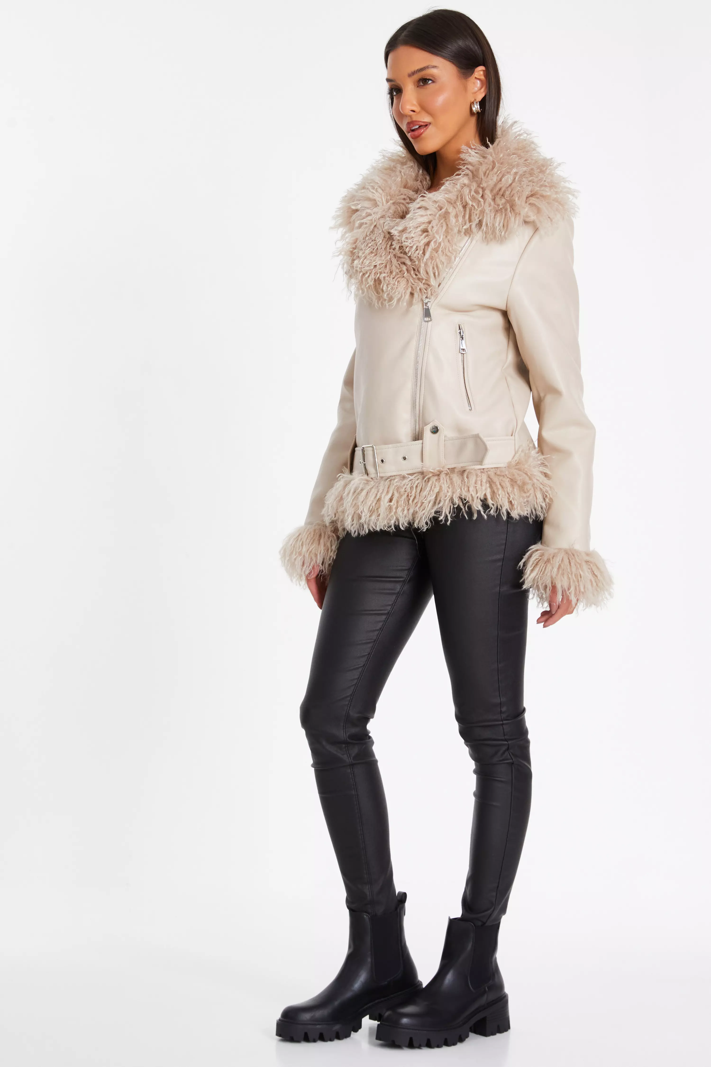 Stone Faux Fur Contrast Belted Jacket