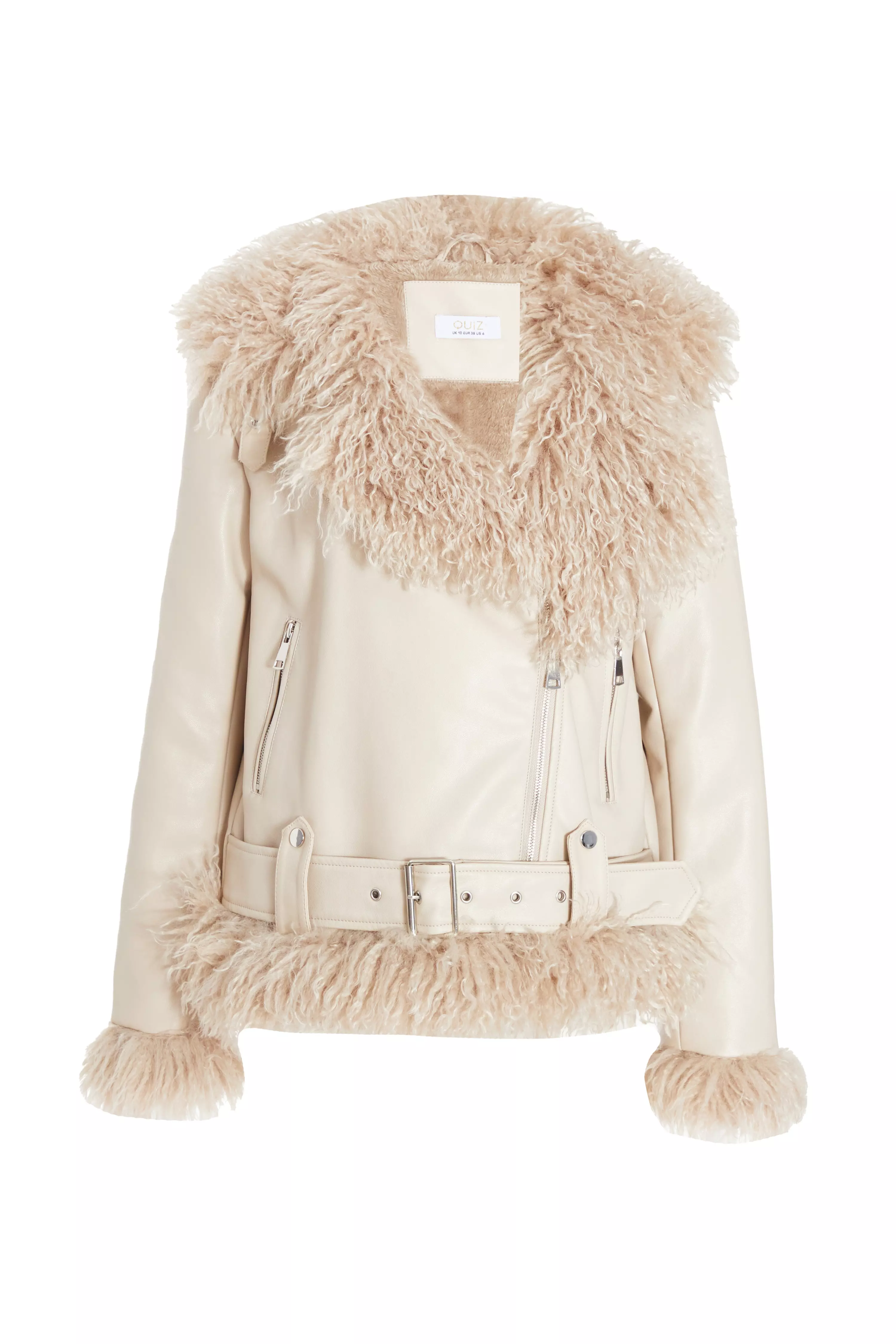 Stone Faux Fur Contrast Belted Jacket