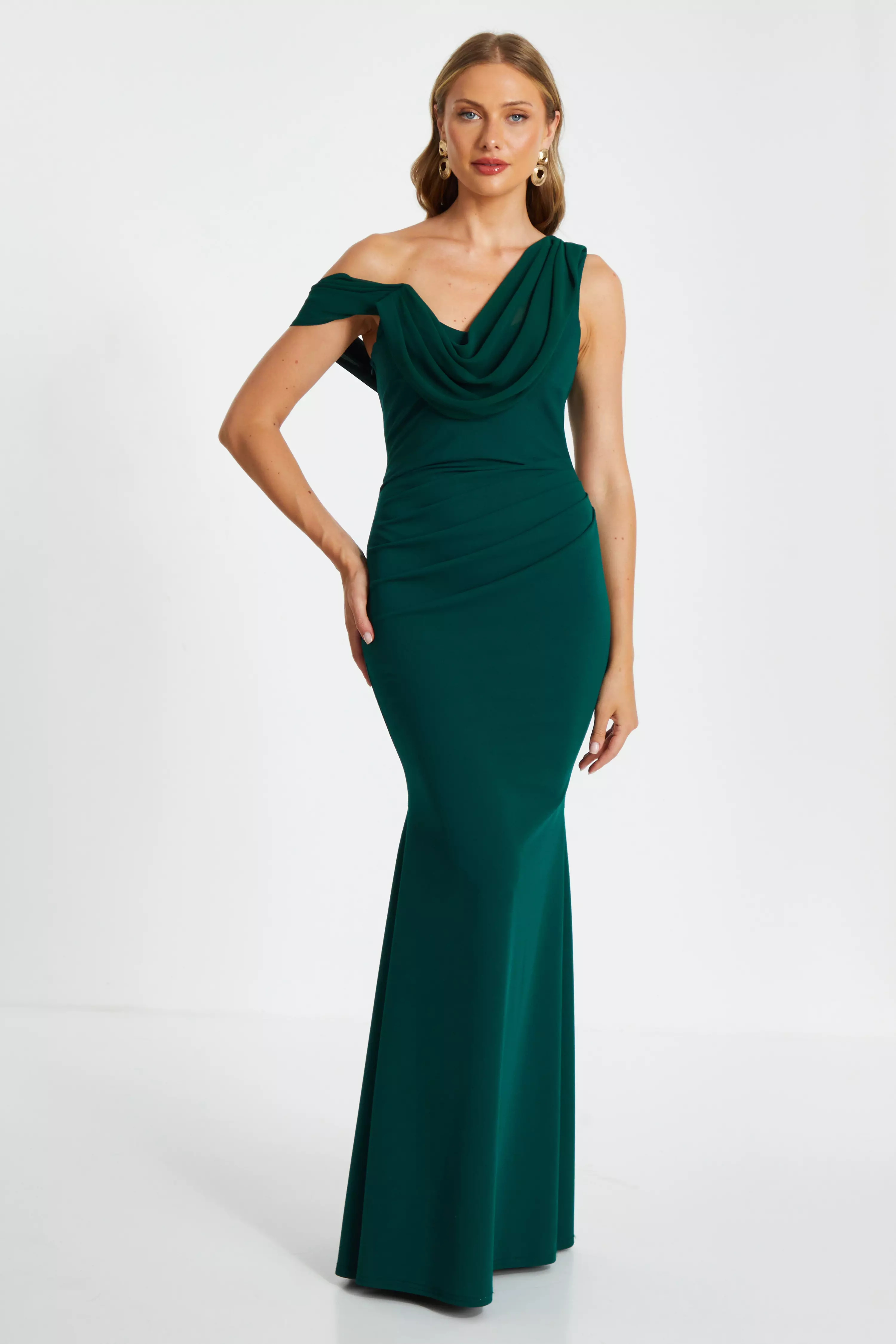 Green Asymmetric Cowl Neck Maxi Dress