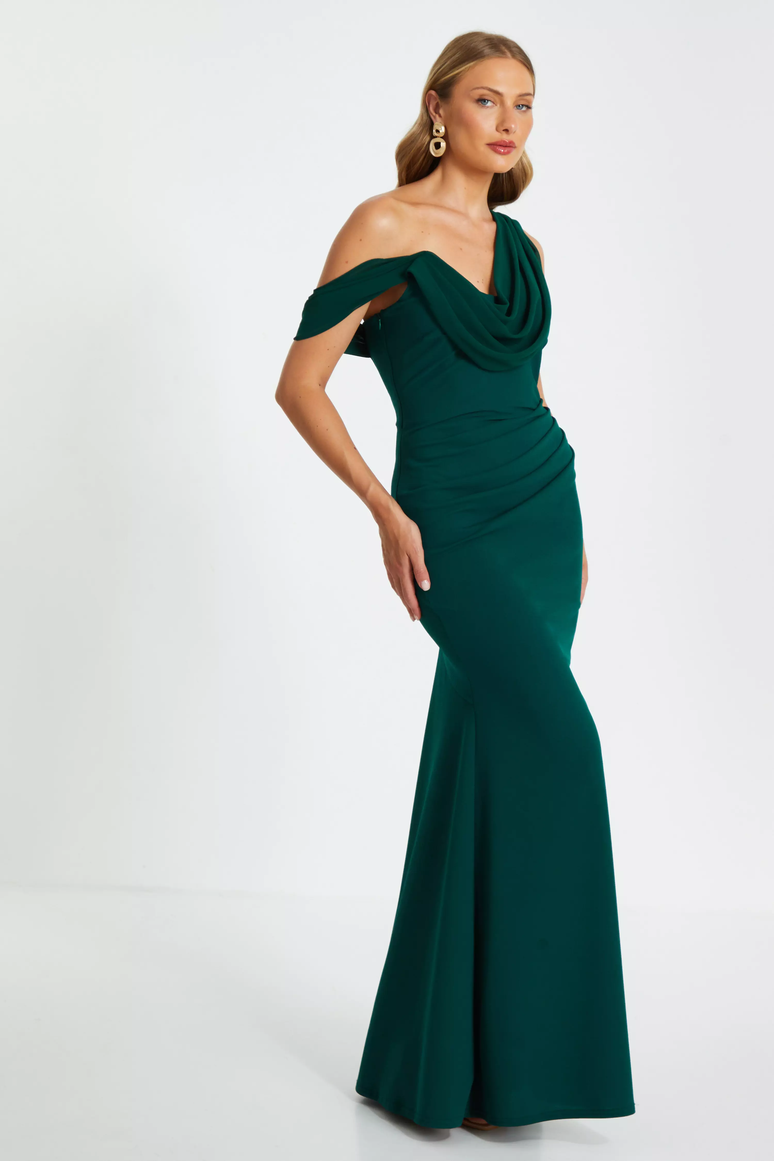 Green Asymmetric Cowl Neck Maxi Dress