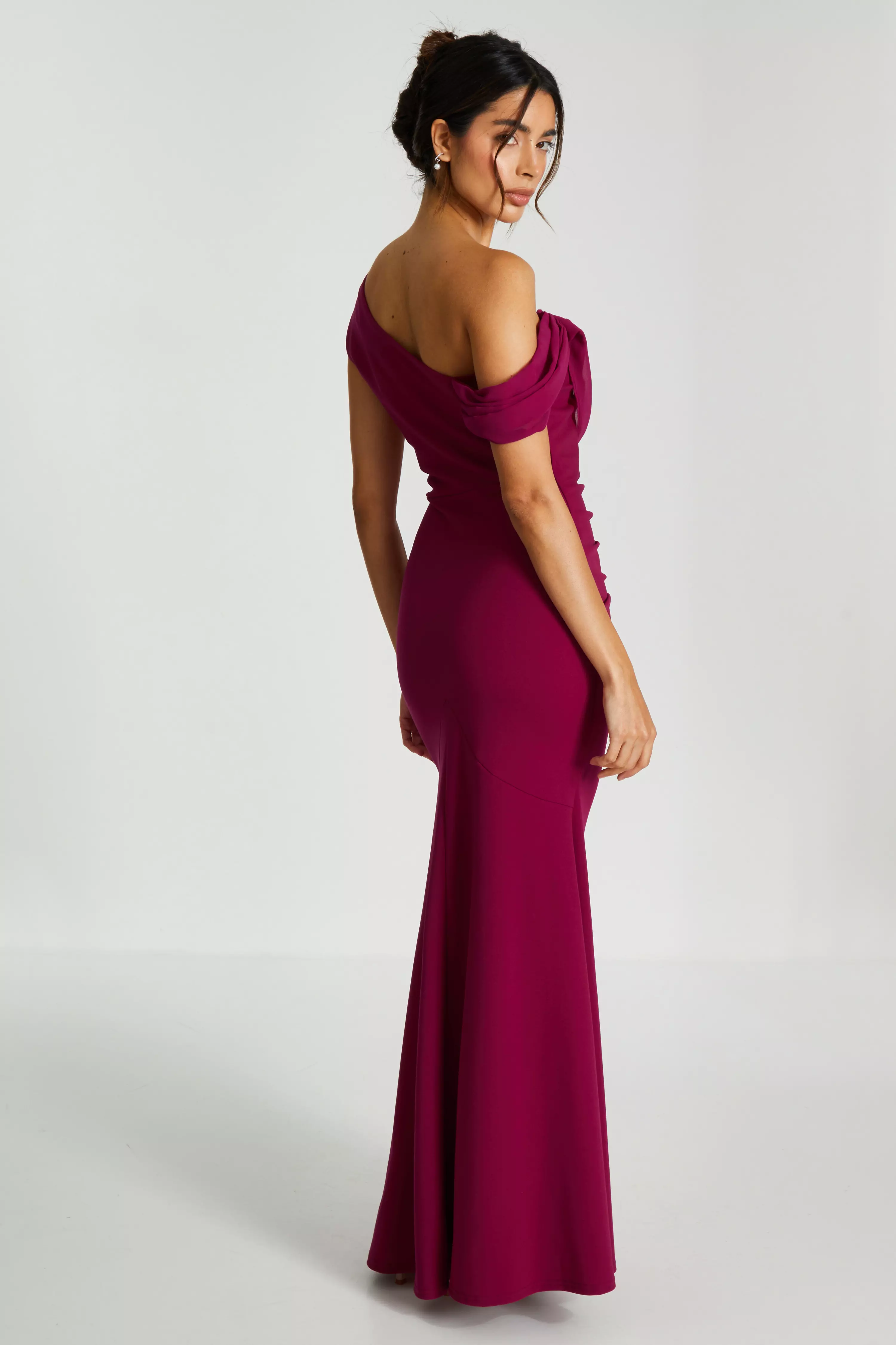 Berry Asymmetric Cowl Neck Maxi Dress