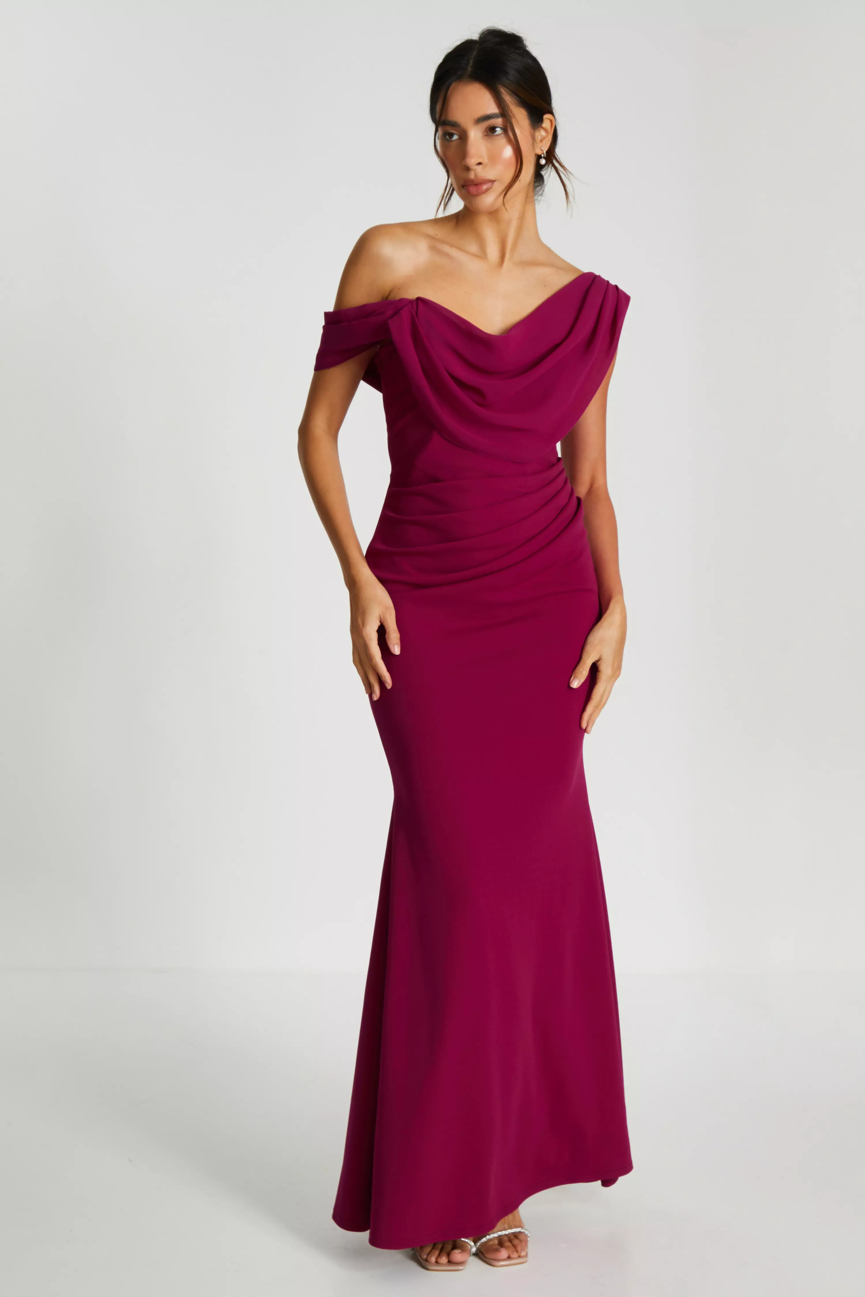 Dark Red Asymmetric Cowl Neck Maxi Dress