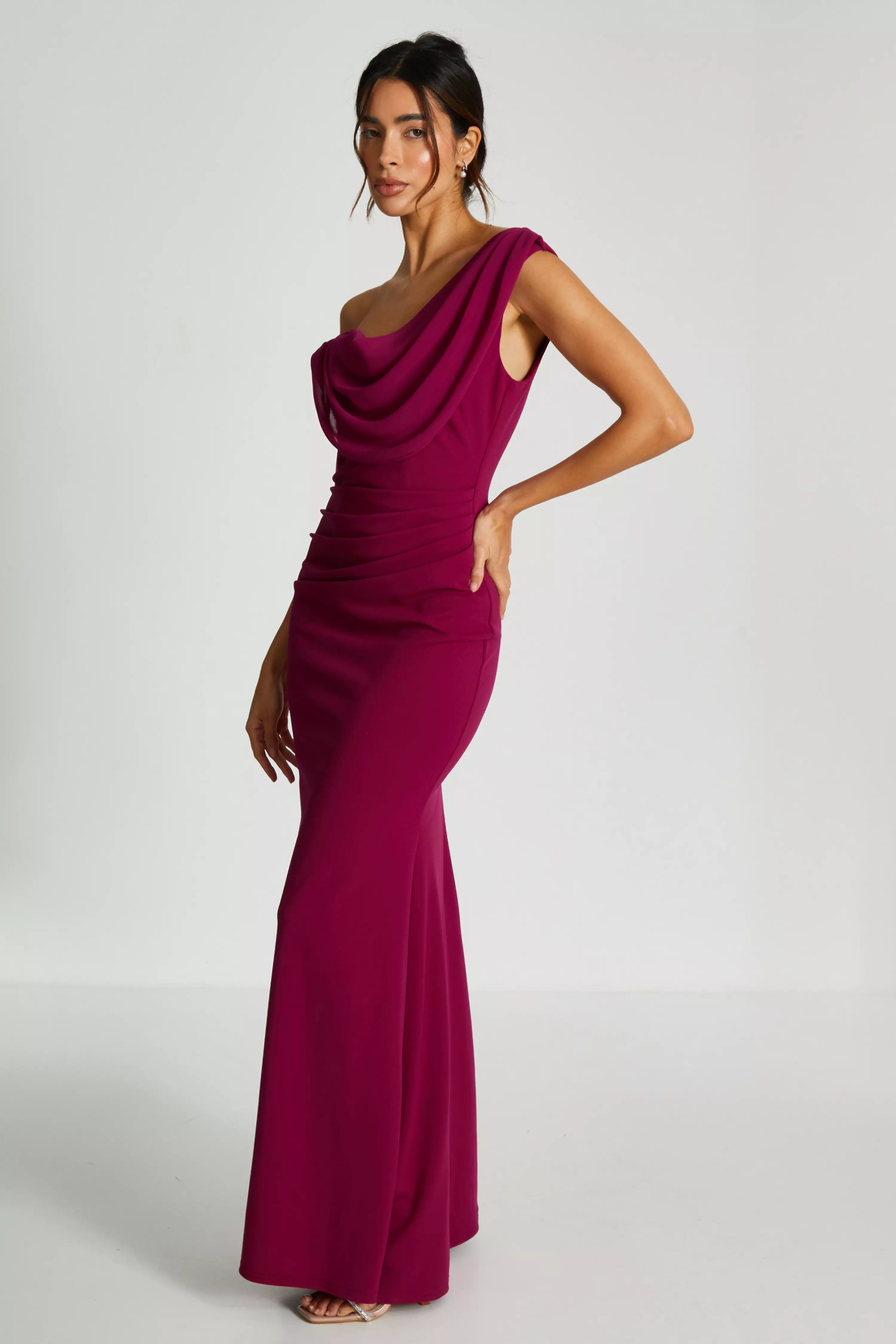 Dark Red Asymmetric Cowl Neck Maxi Dress