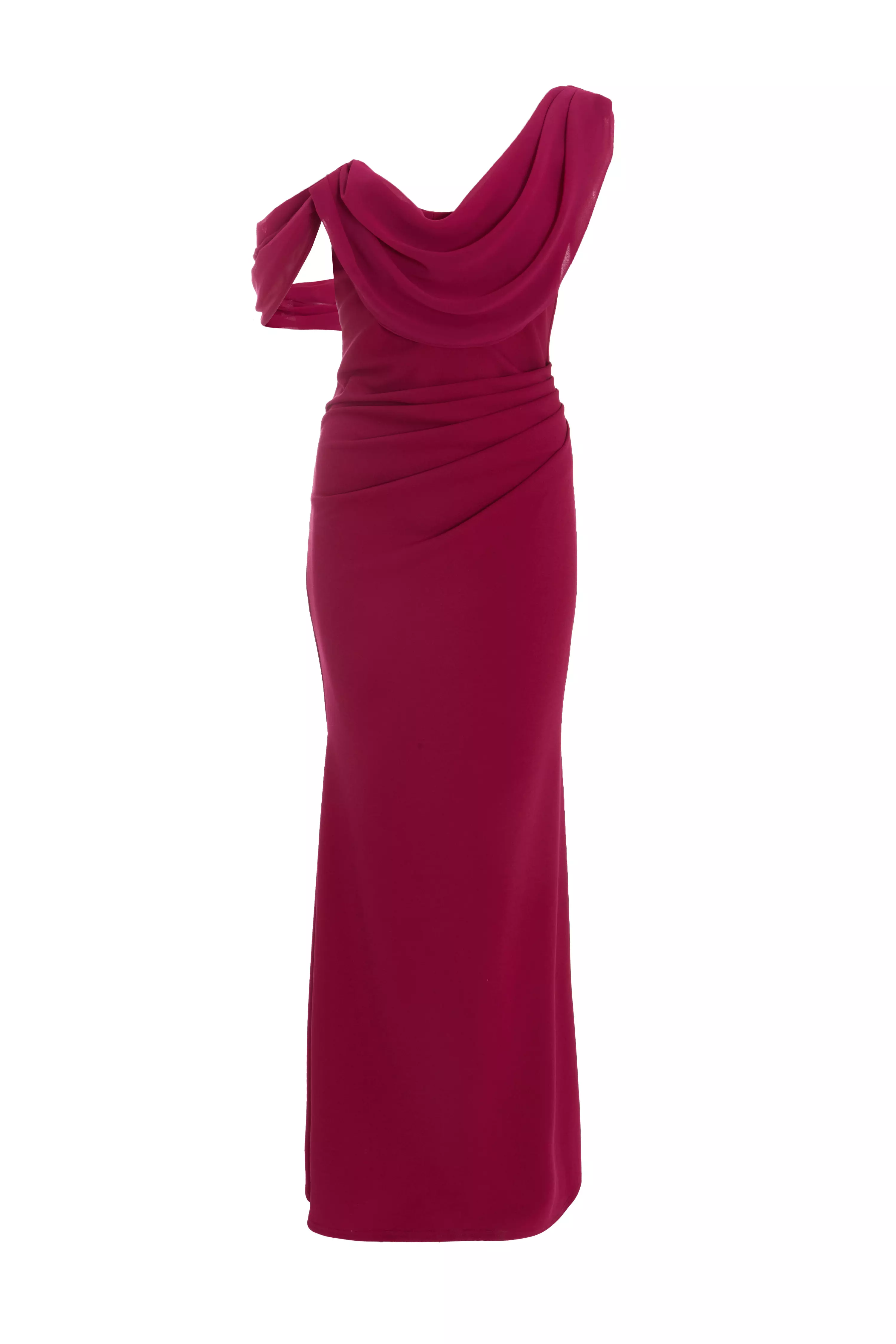 Dark Red Asymmetric Cowl Neck Maxi Dress