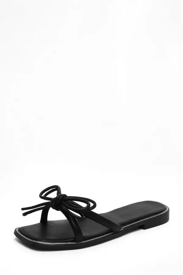 Black Faux Leather Bow Flat Sandals