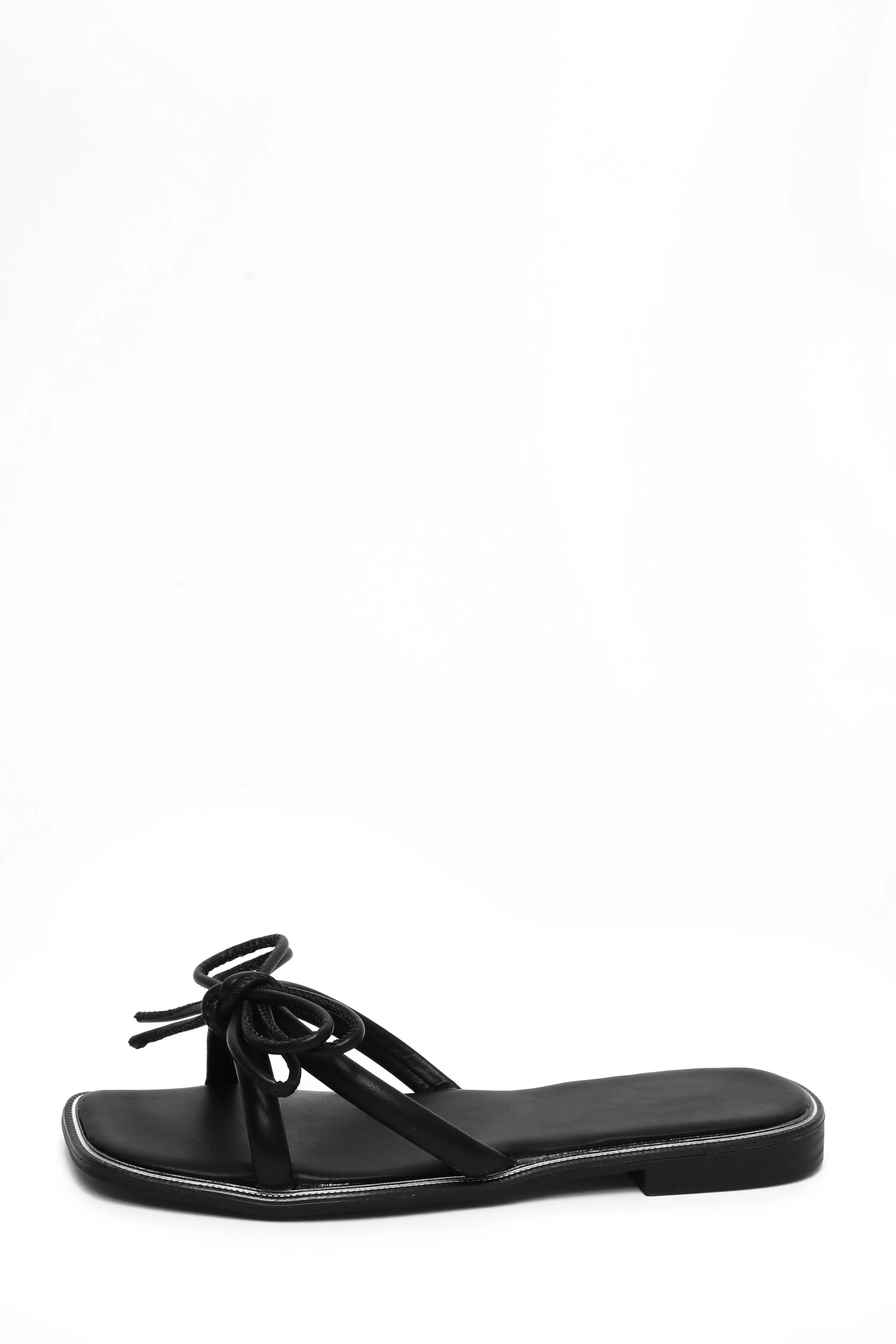 Black Faux Leather Bow Flat Sandals