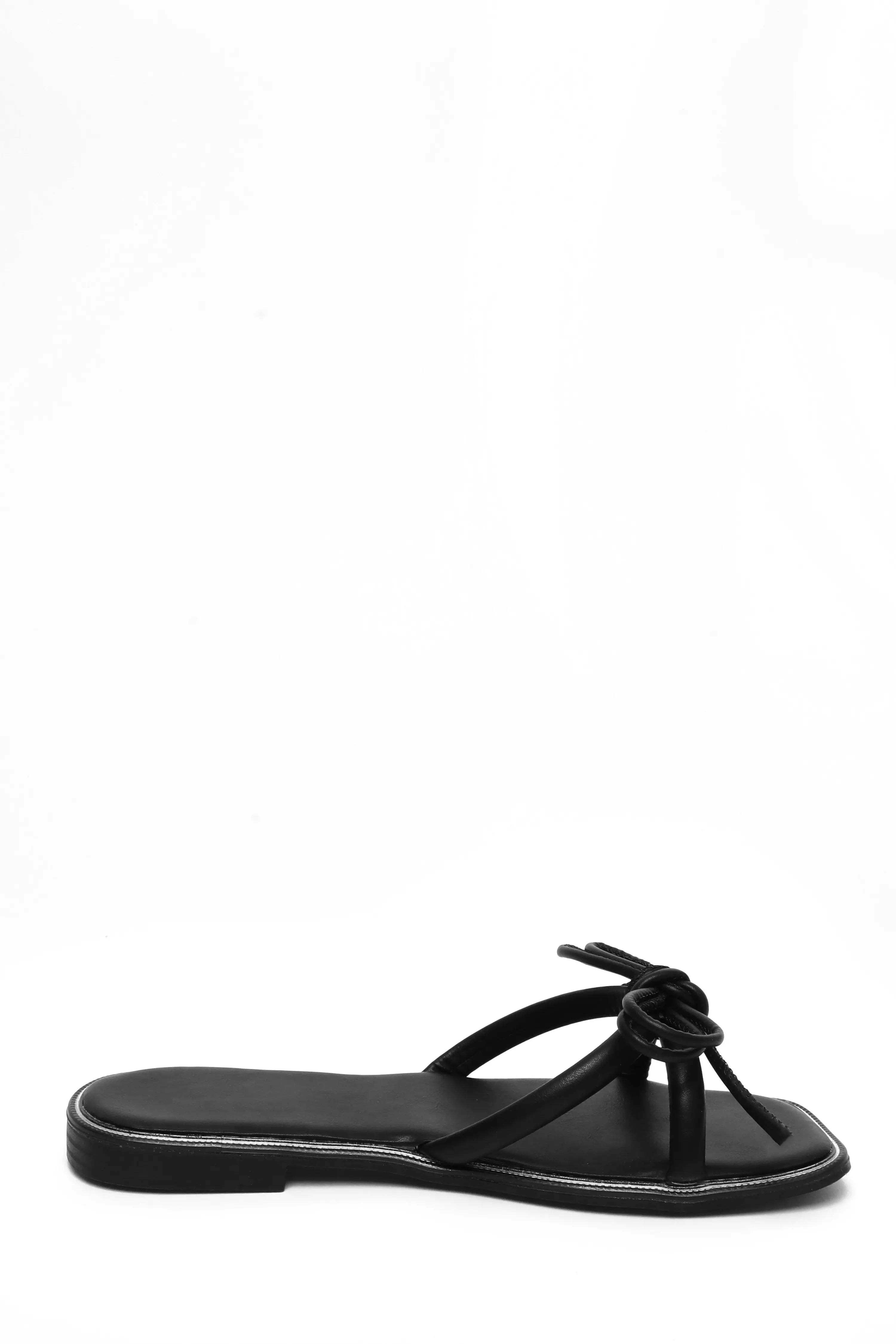 Black Faux Leather Bow Flat Sandals