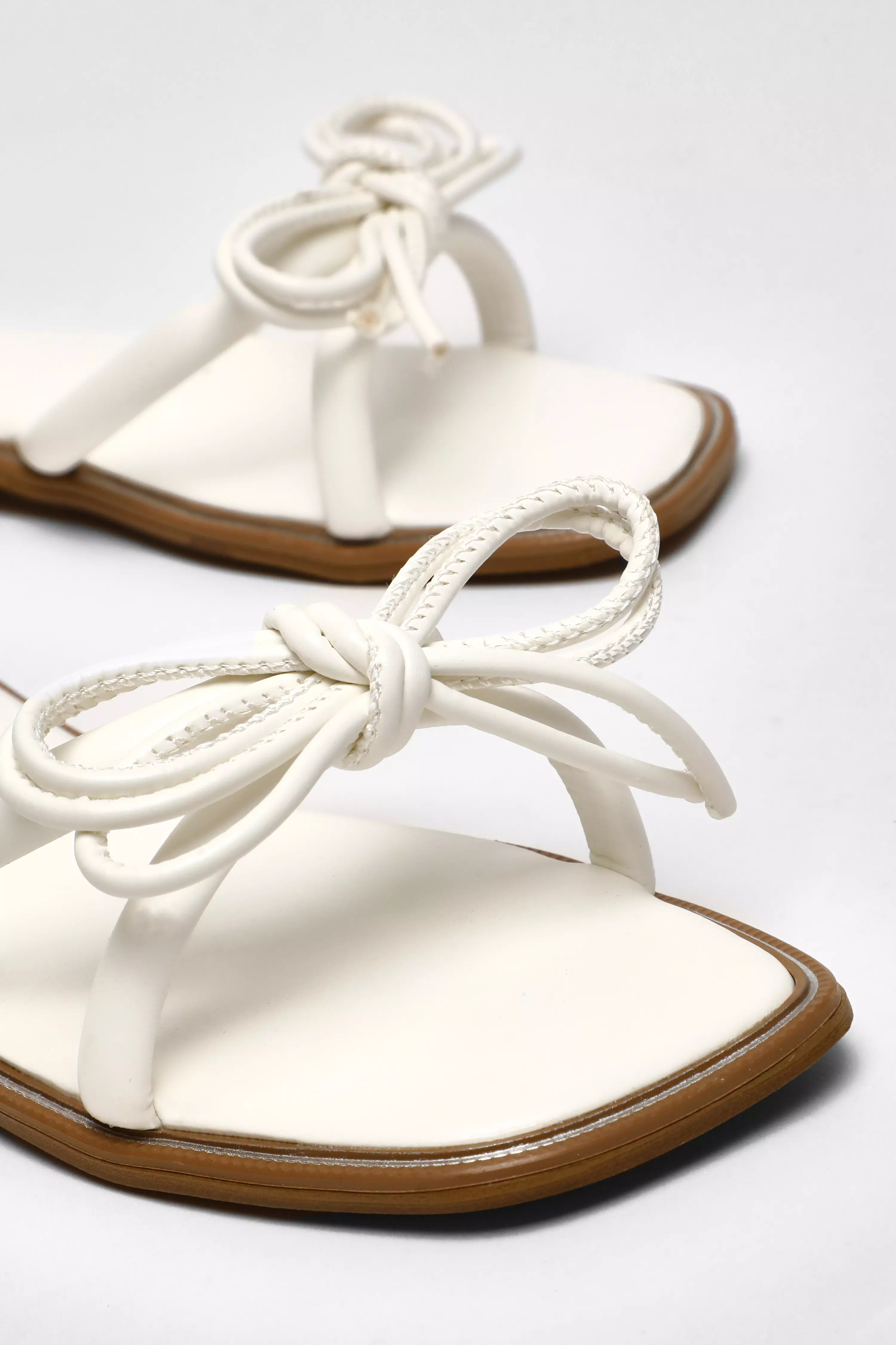 White Faux Leather Bow Flat Sandals