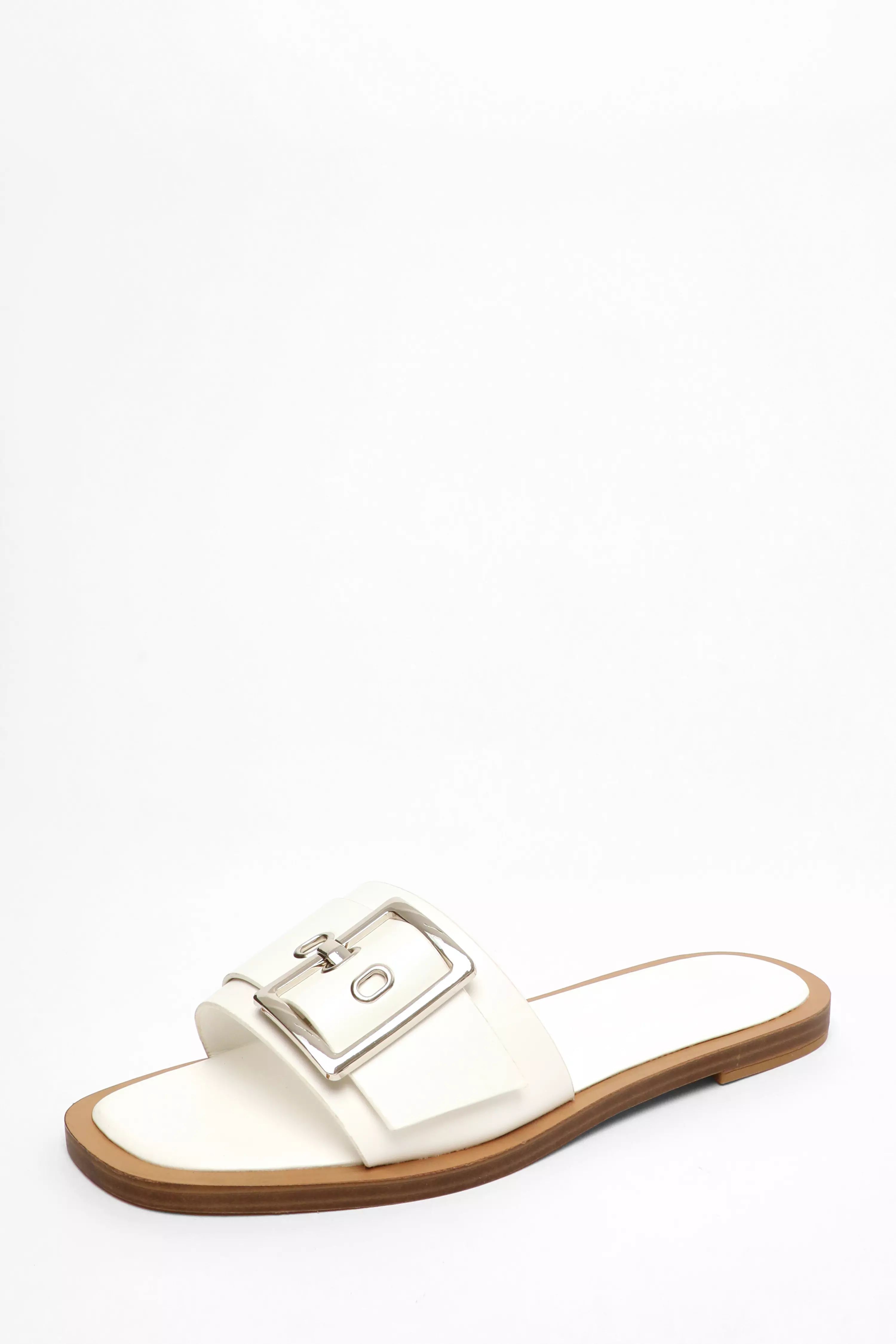 White Faux Leather Buckle Flat Sandals