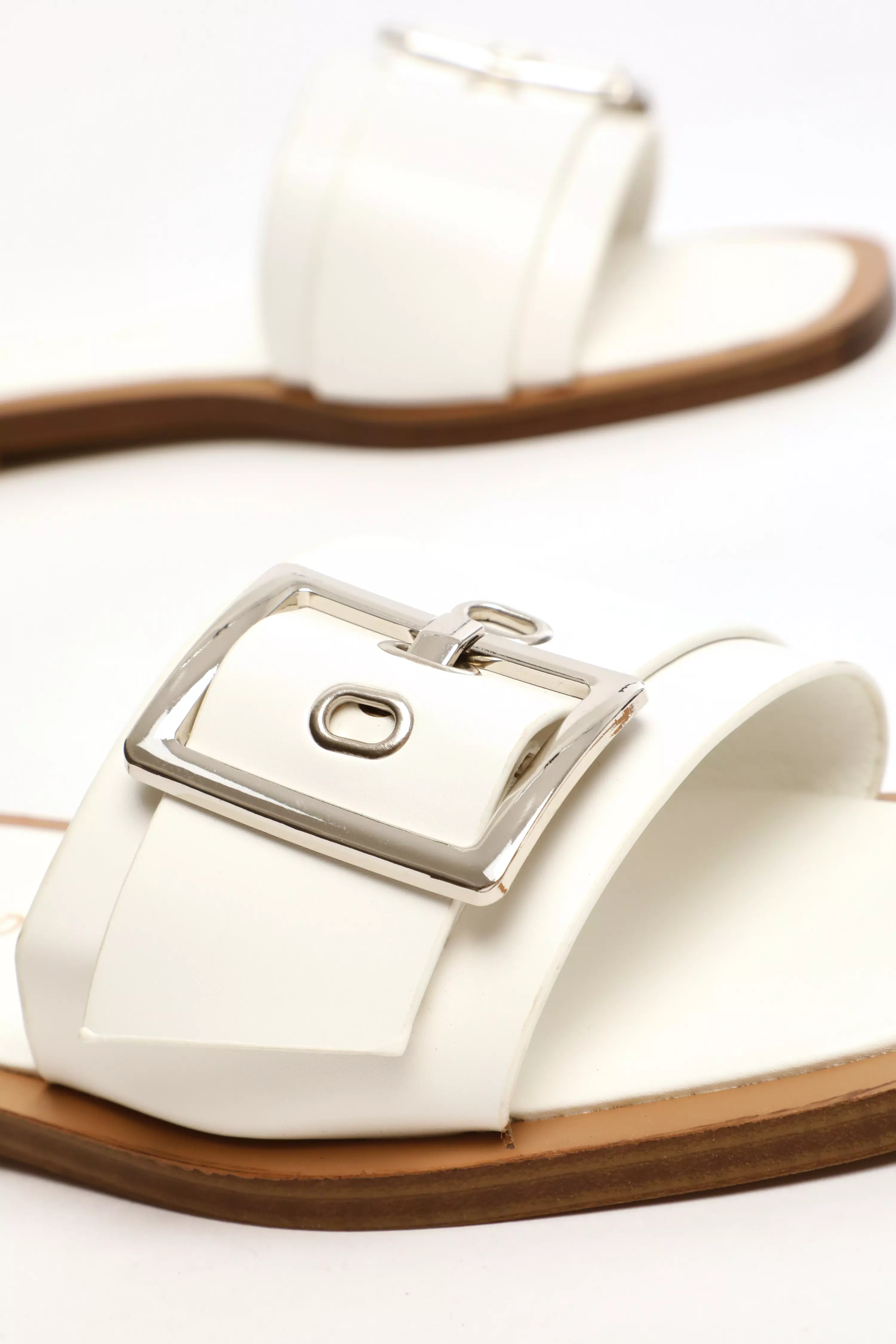 White Faux Leather Buckle Flat Sandals