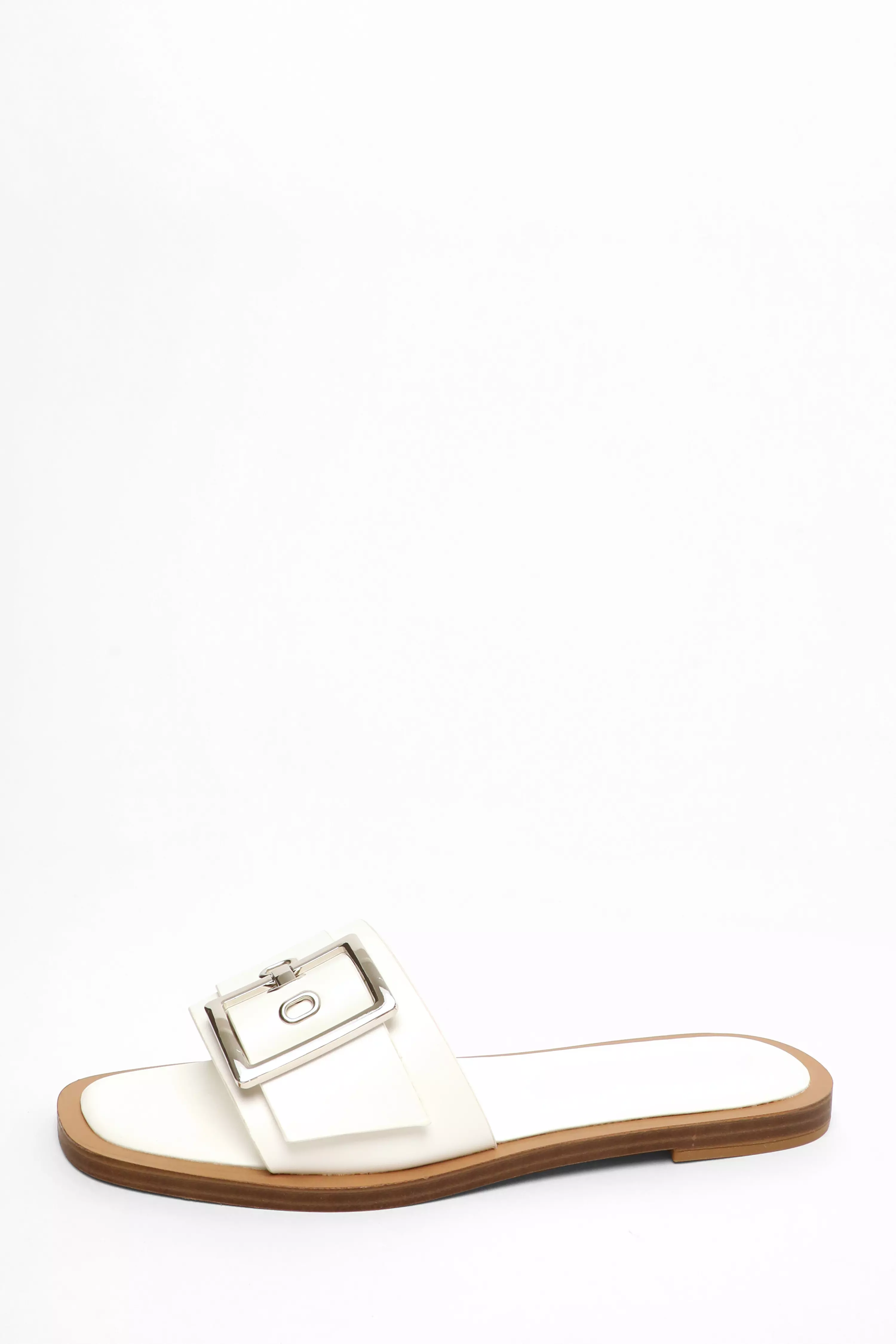 White Faux Leather Buckle Flat Sandals