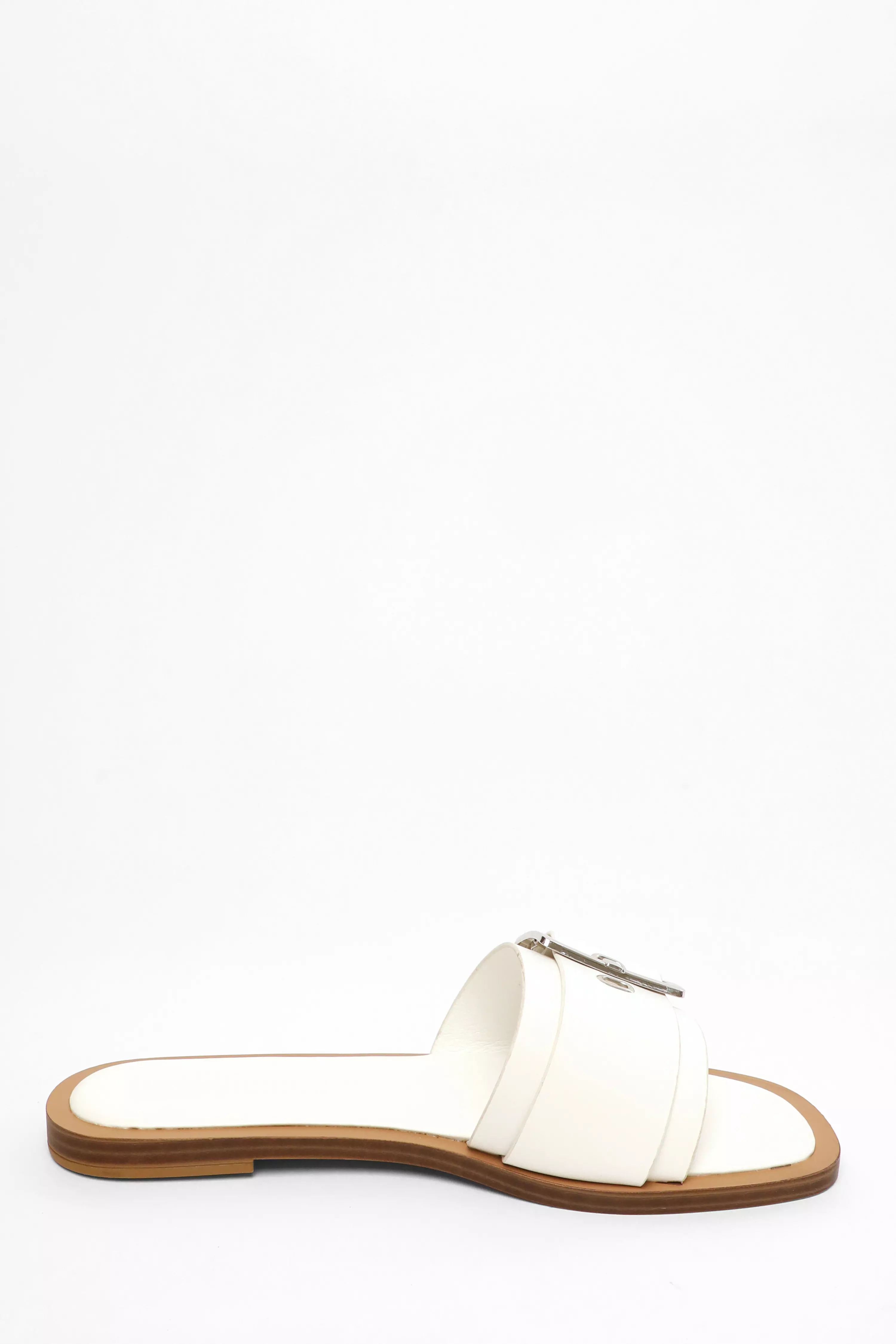 White Faux Leather Buckle Flat Sandals