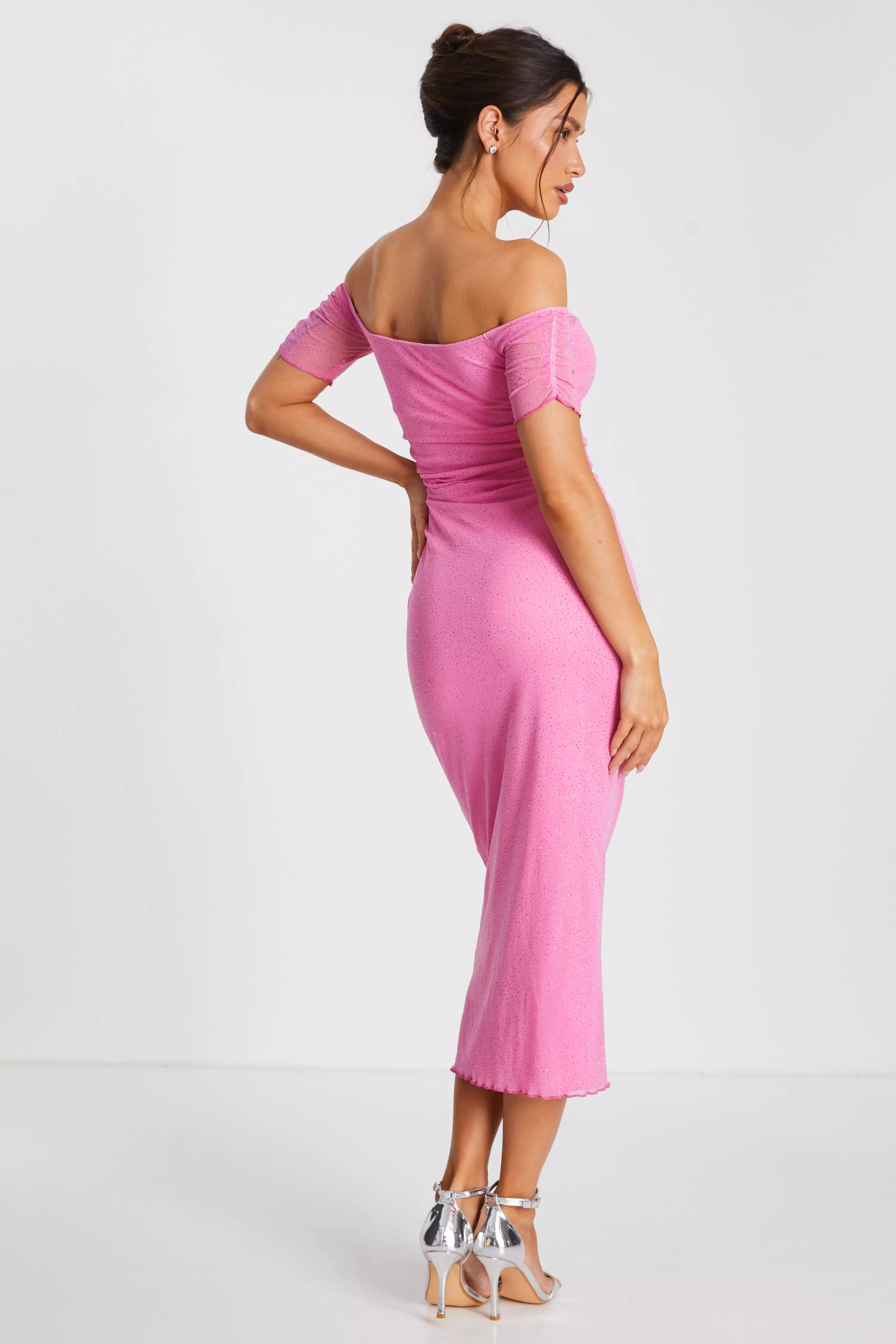 Pink Glitter Mesh Bardot Midaxi Dress 