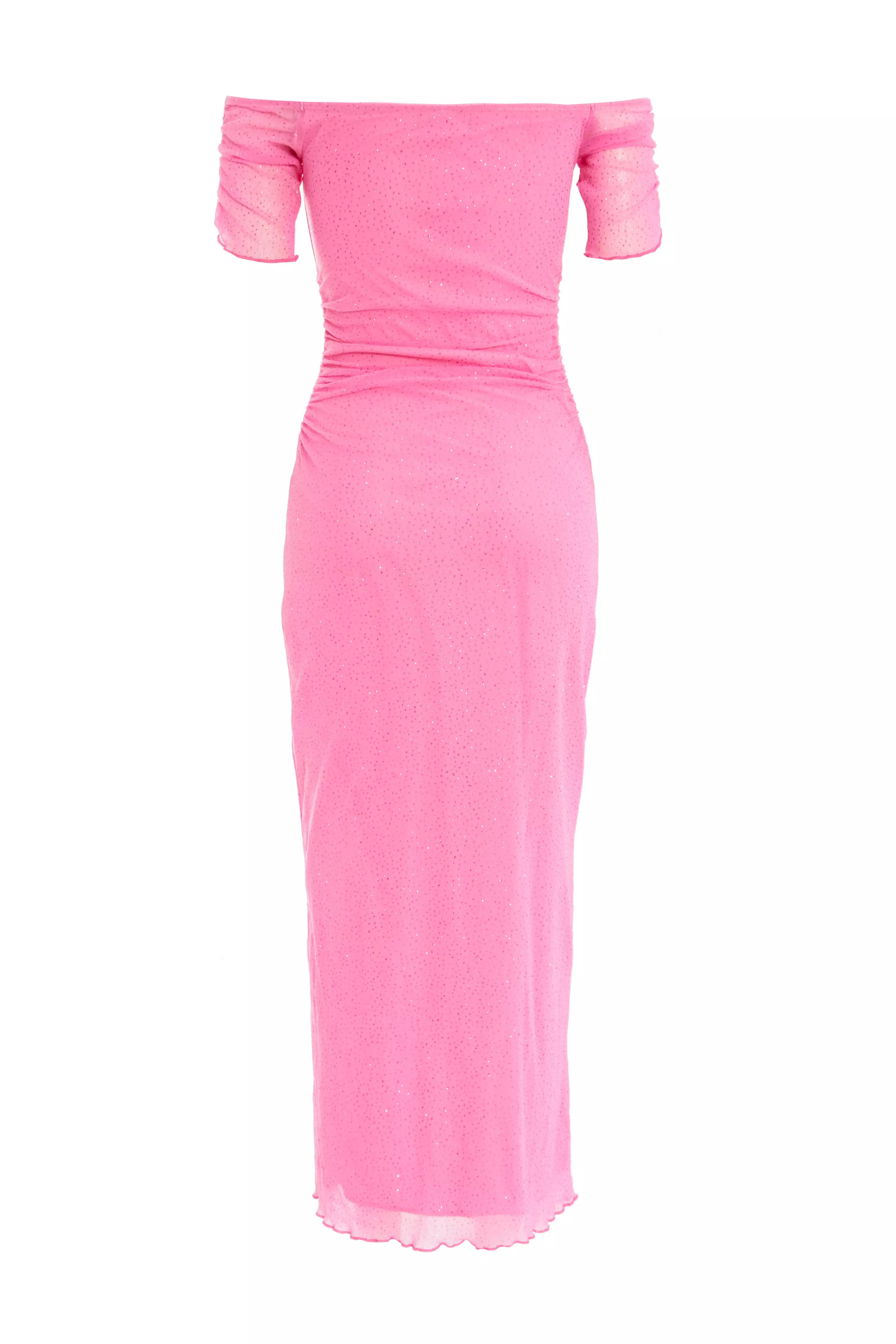 Pink Glitter Mesh Bardot Midaxi Dress 