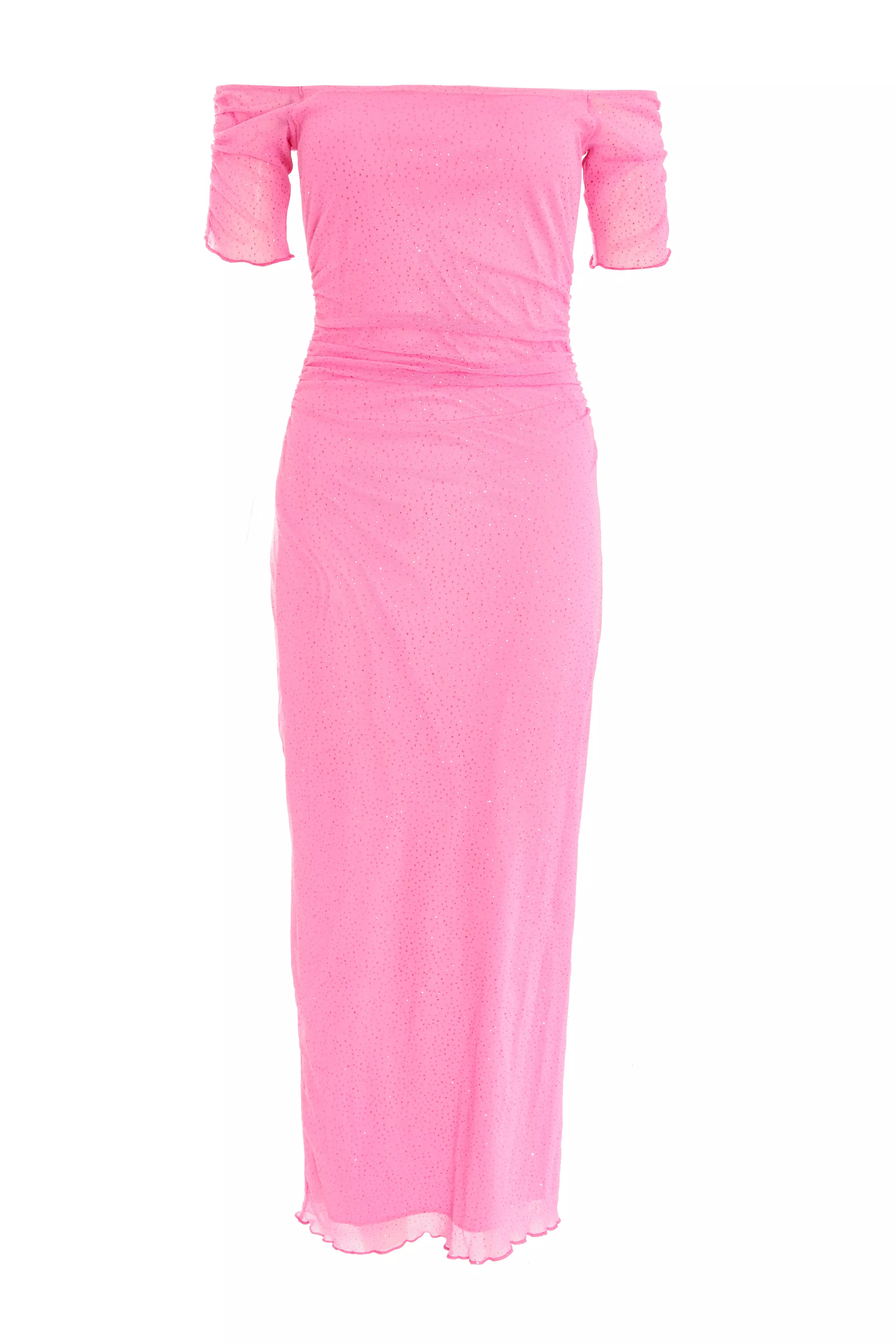 Pink Glitter Mesh Bardot Midaxi Dress 