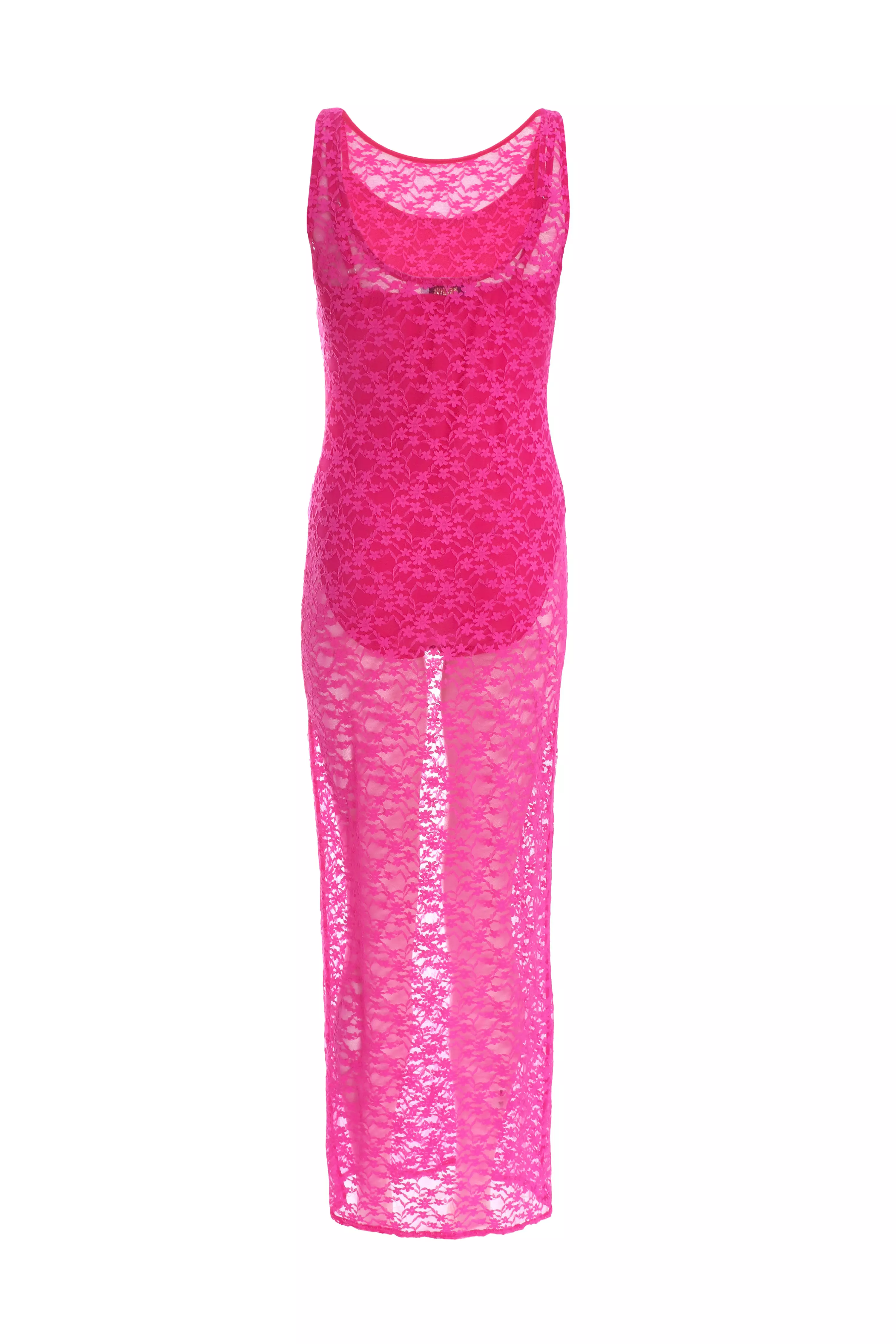 Pink Lace Mesh Midaxi Dress