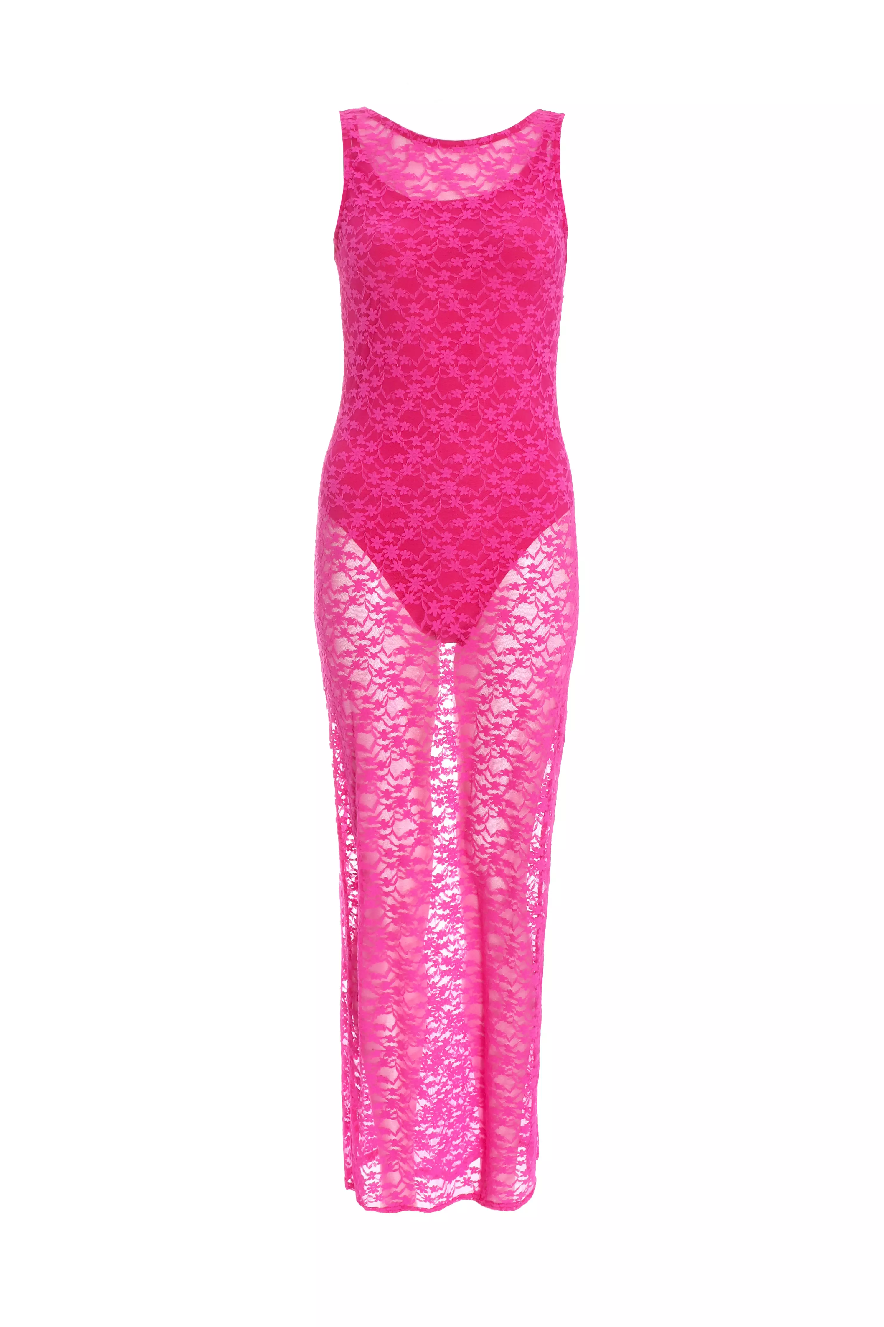 Pink Lace Mesh Midaxi Dress