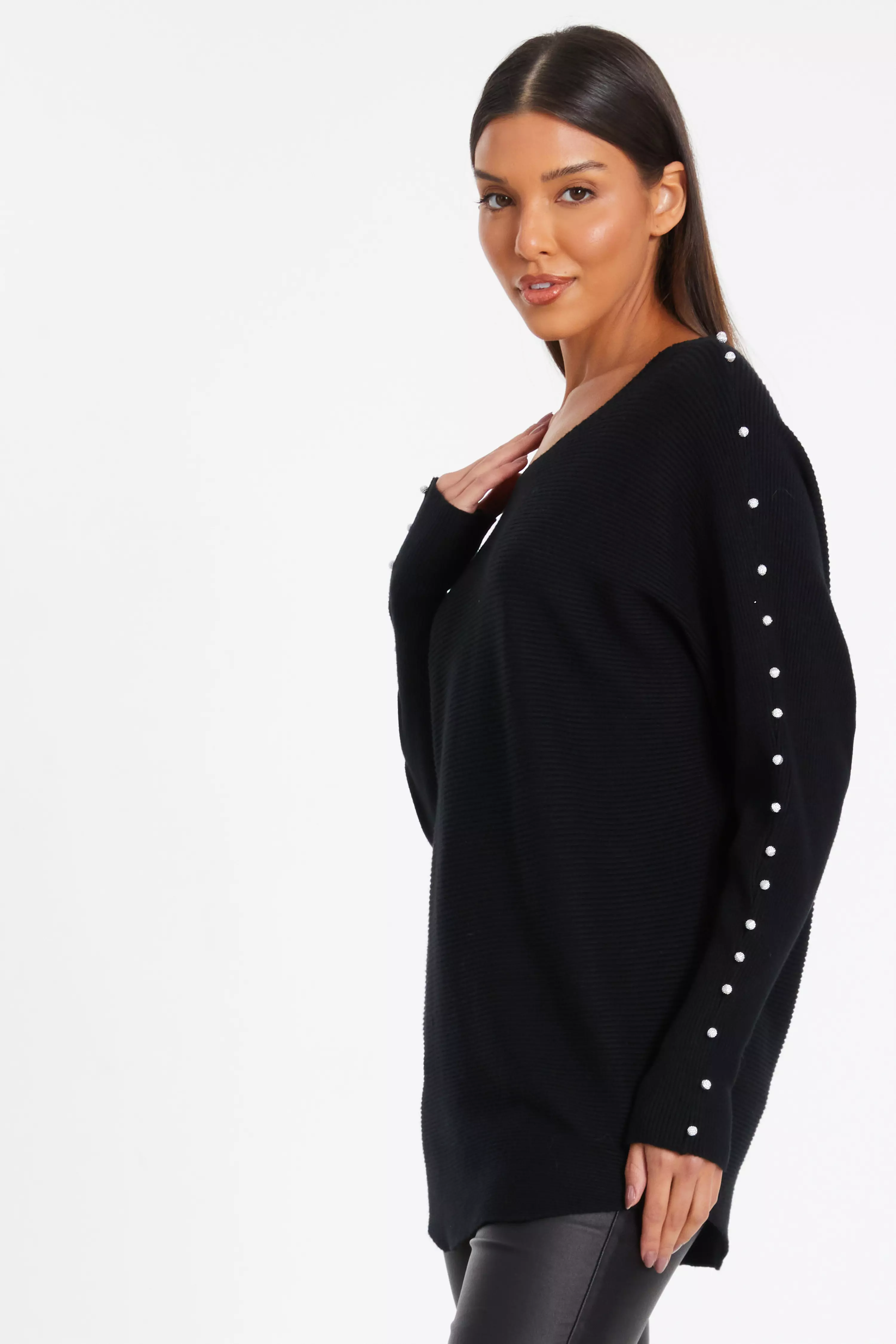 Black Knitted Beaded Batwing Jumper