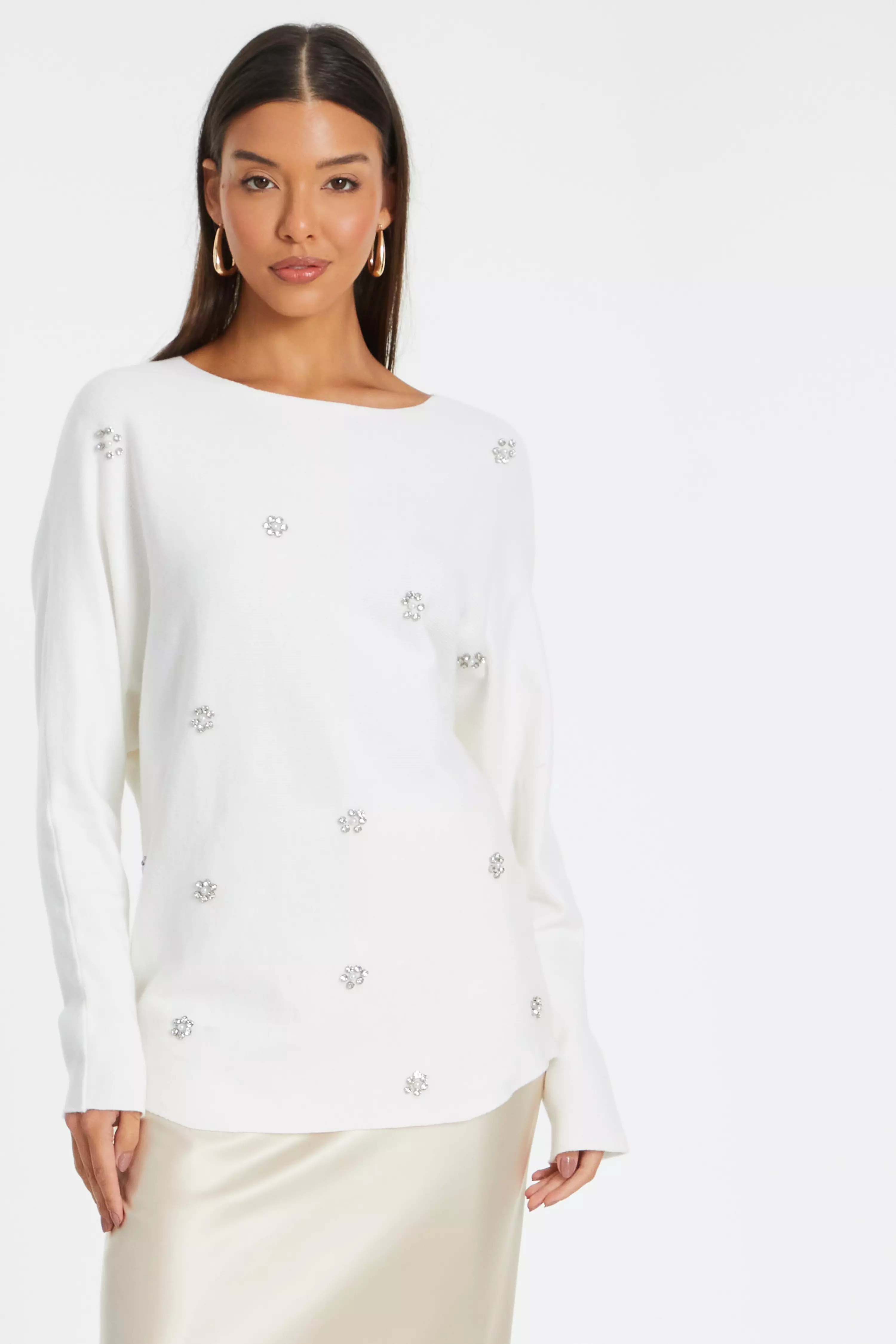 Cream Knitted Beaded Batwing Jumper