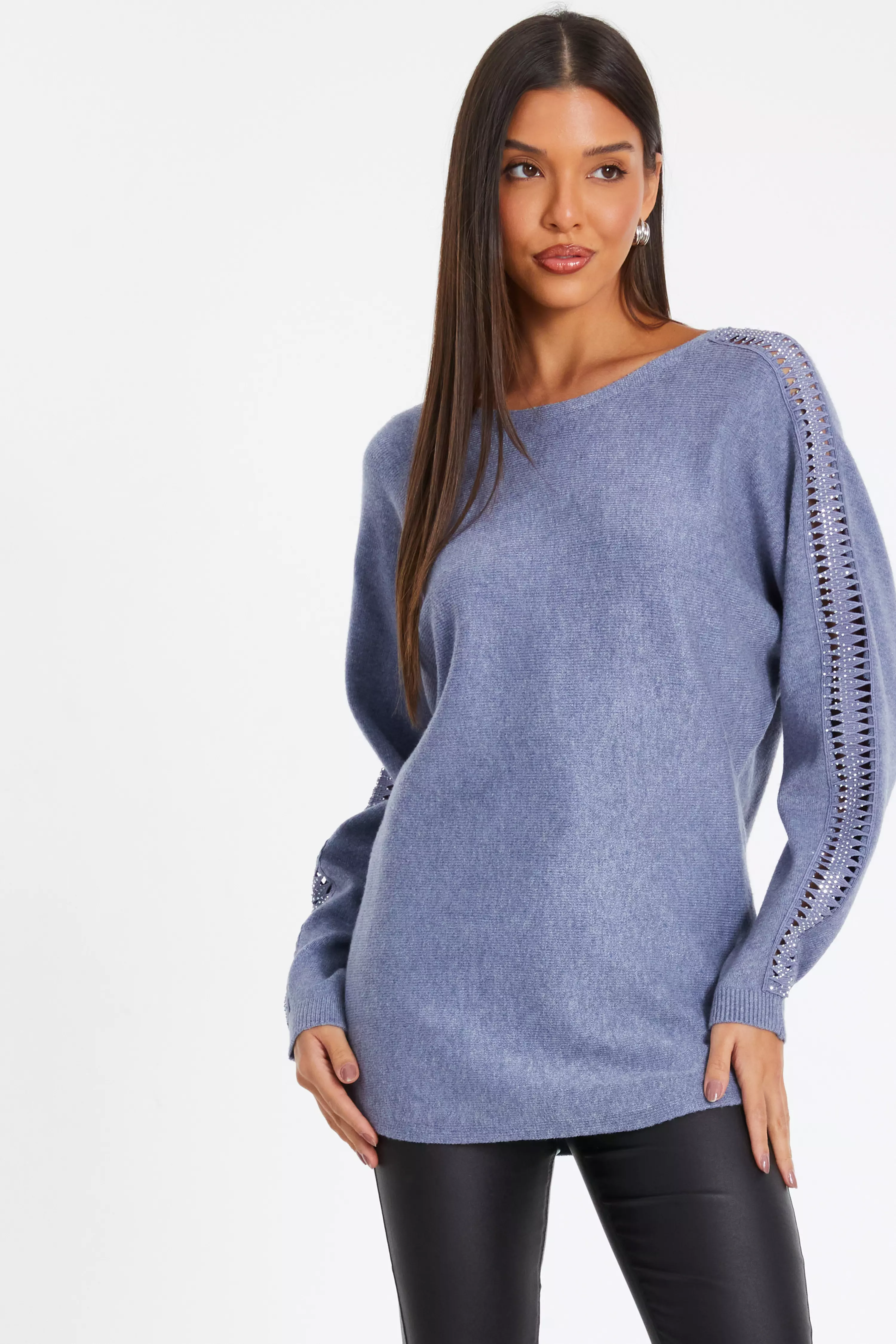 Blue Light Knit Diamante Sleeve Jumper