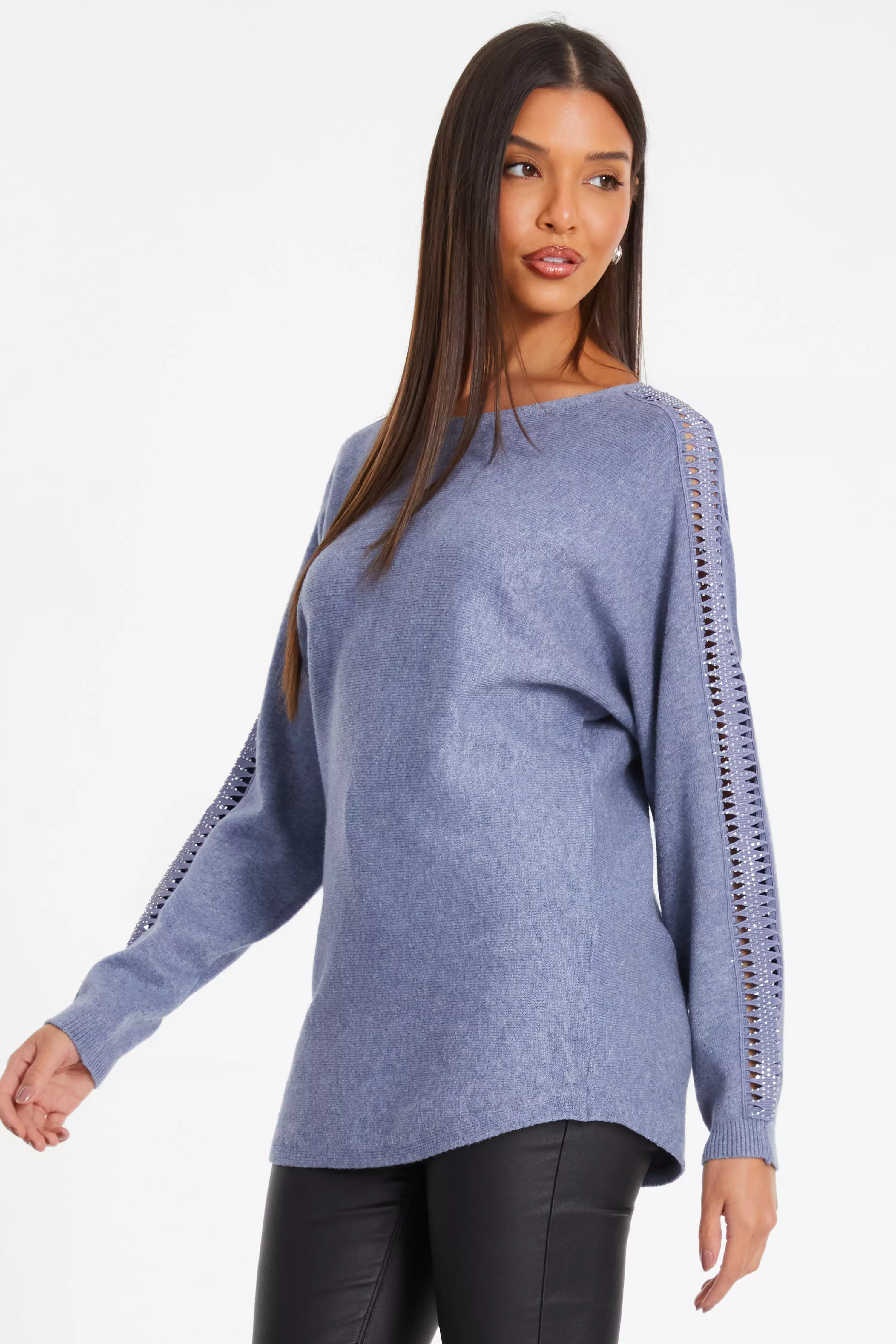 Blue Light Knit Diamante Sleeve Jumper