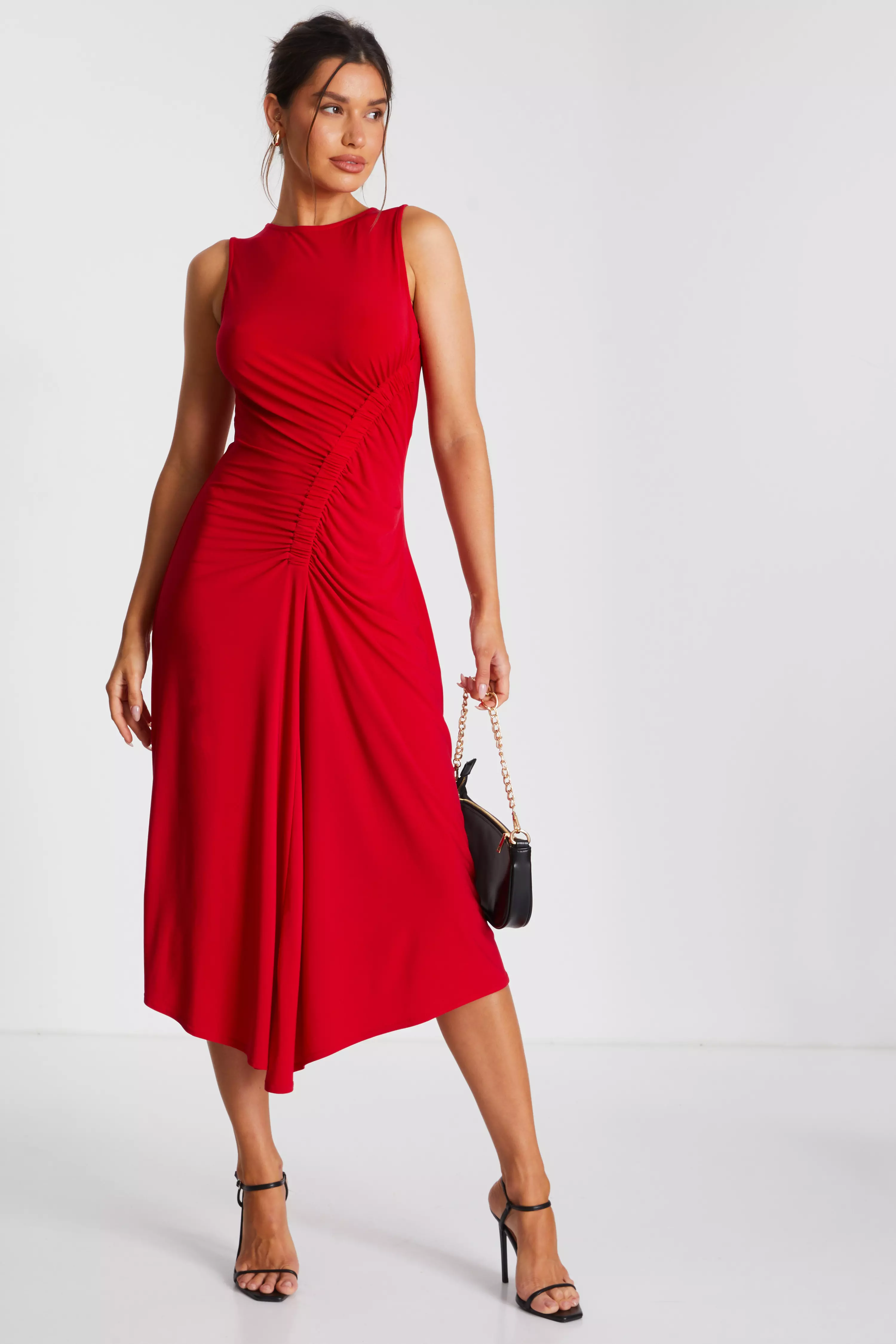 Red Ruched Side Midi Dress