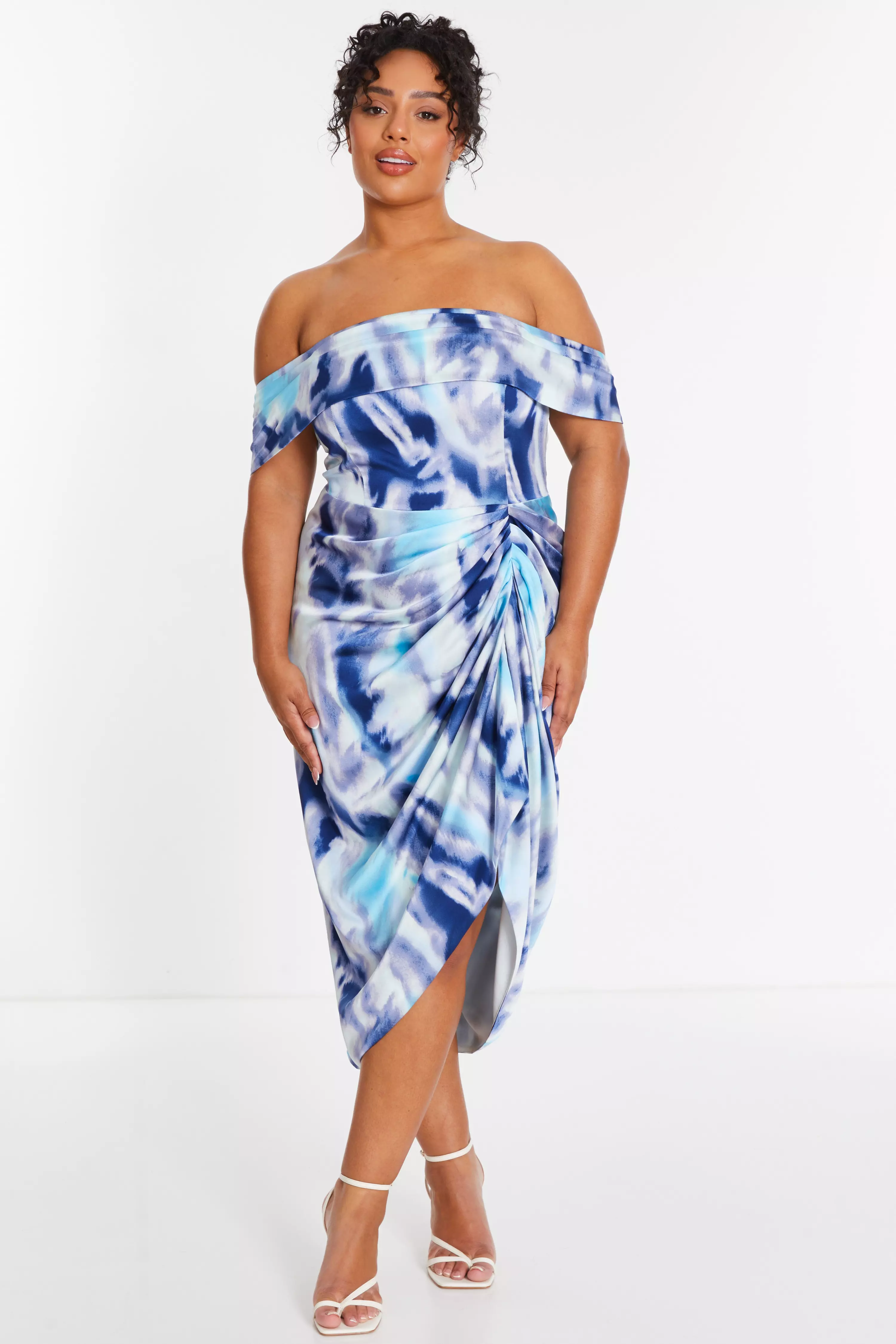 Curve Blue Marble Print Bardot Midi Dress