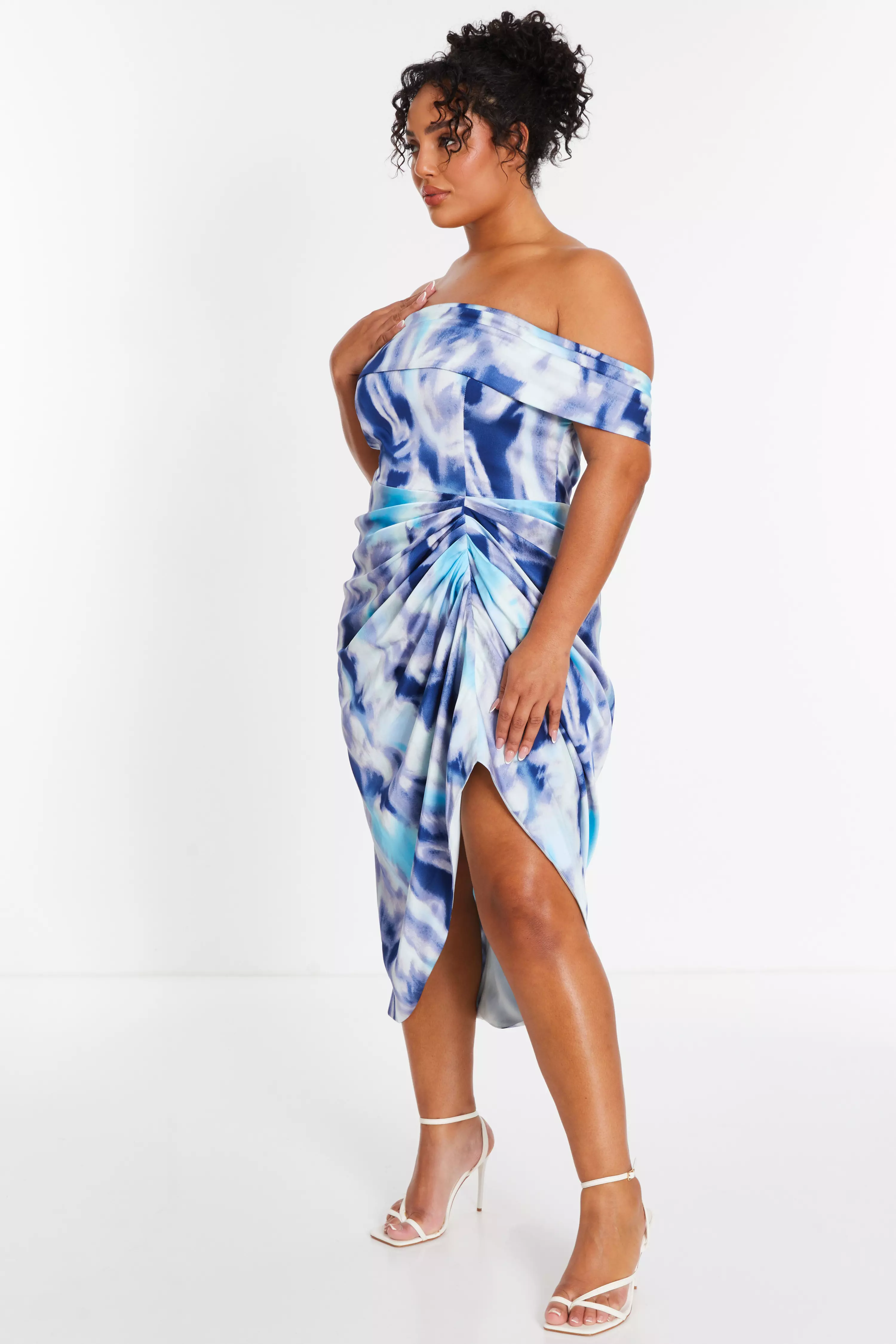 Curve Blue Marble Print Bardot Midi Dress