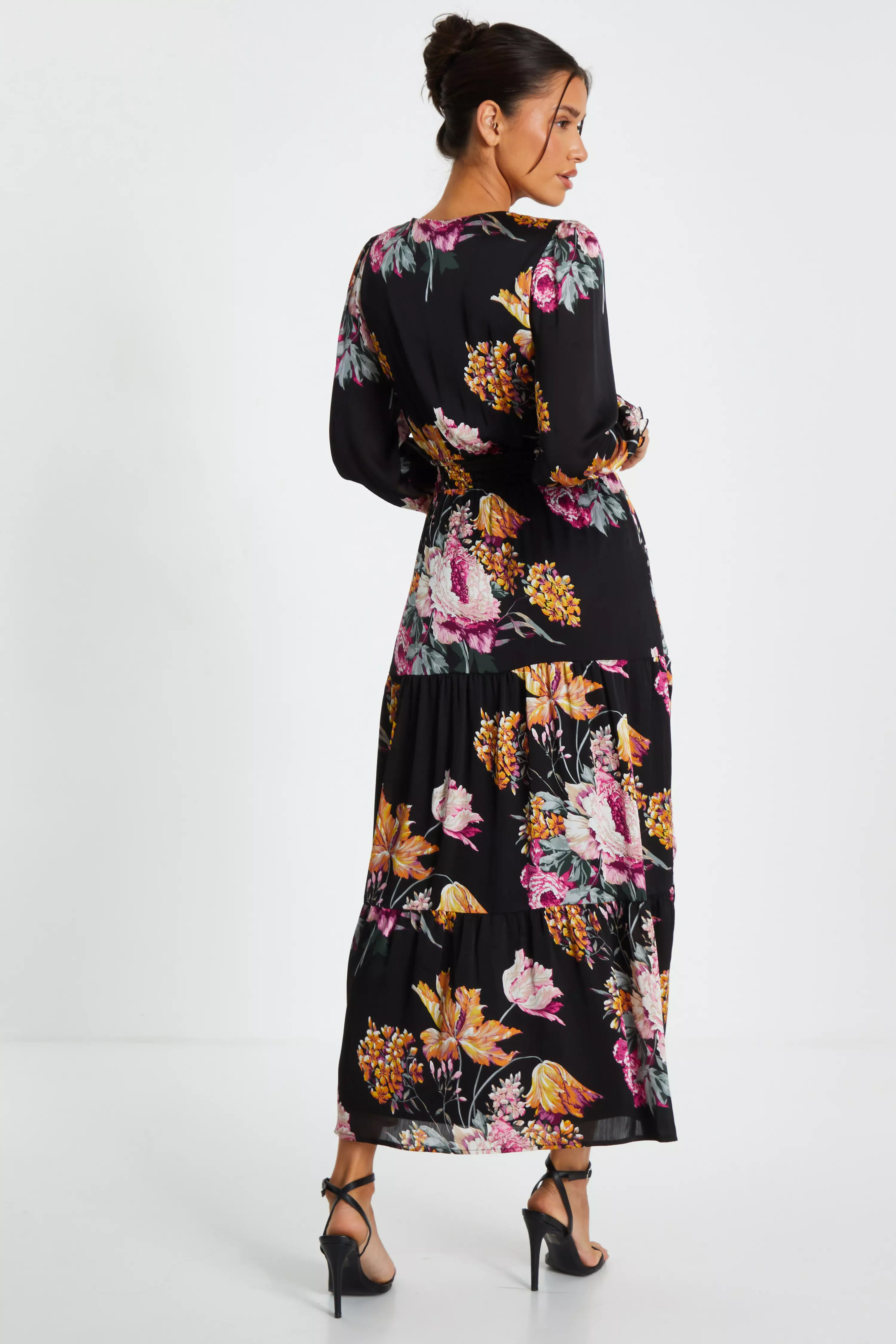Black Floral Chiffon Tiered Midaxi Dress
