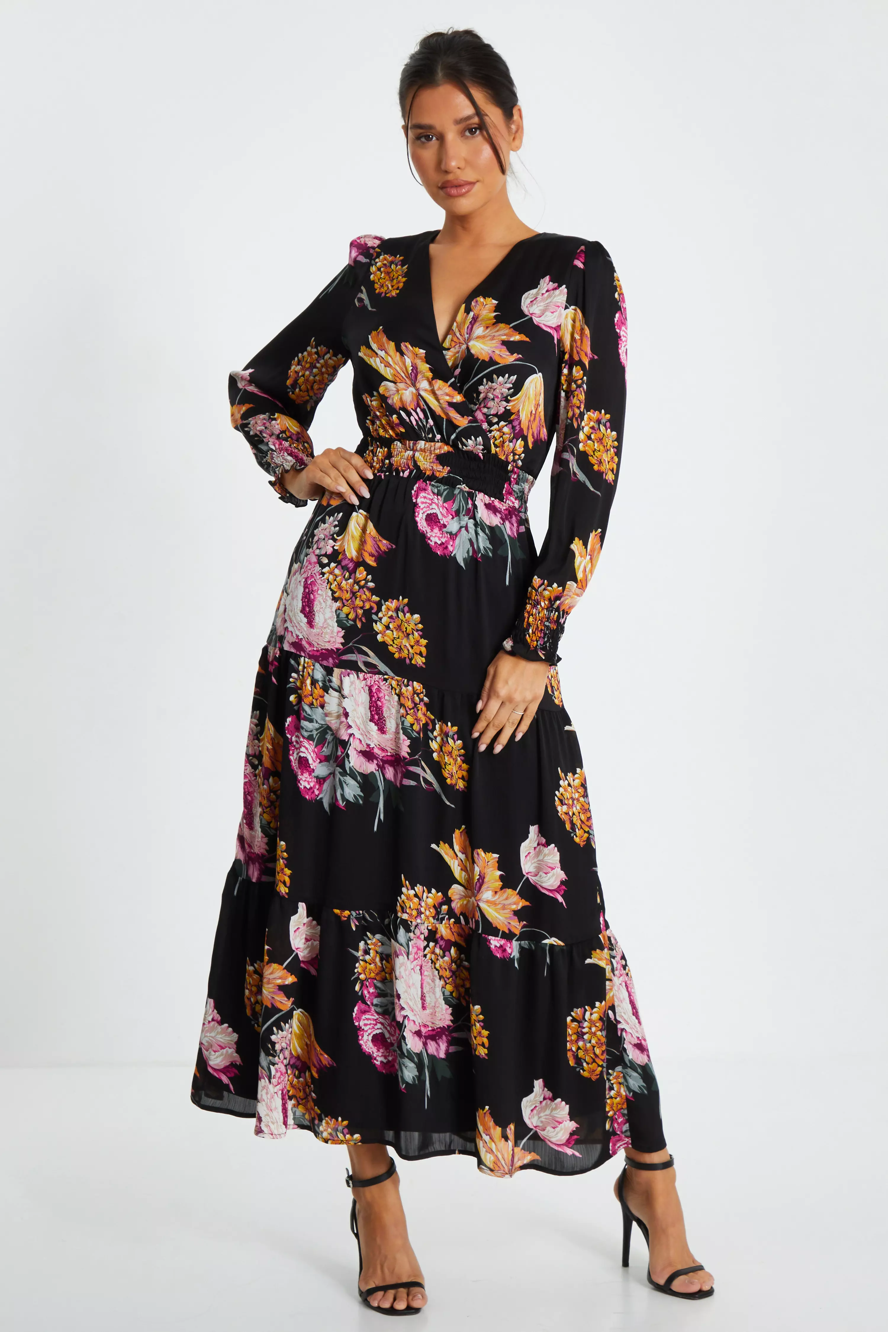 Black Floral Chiffon Tiered Midaxi Dress