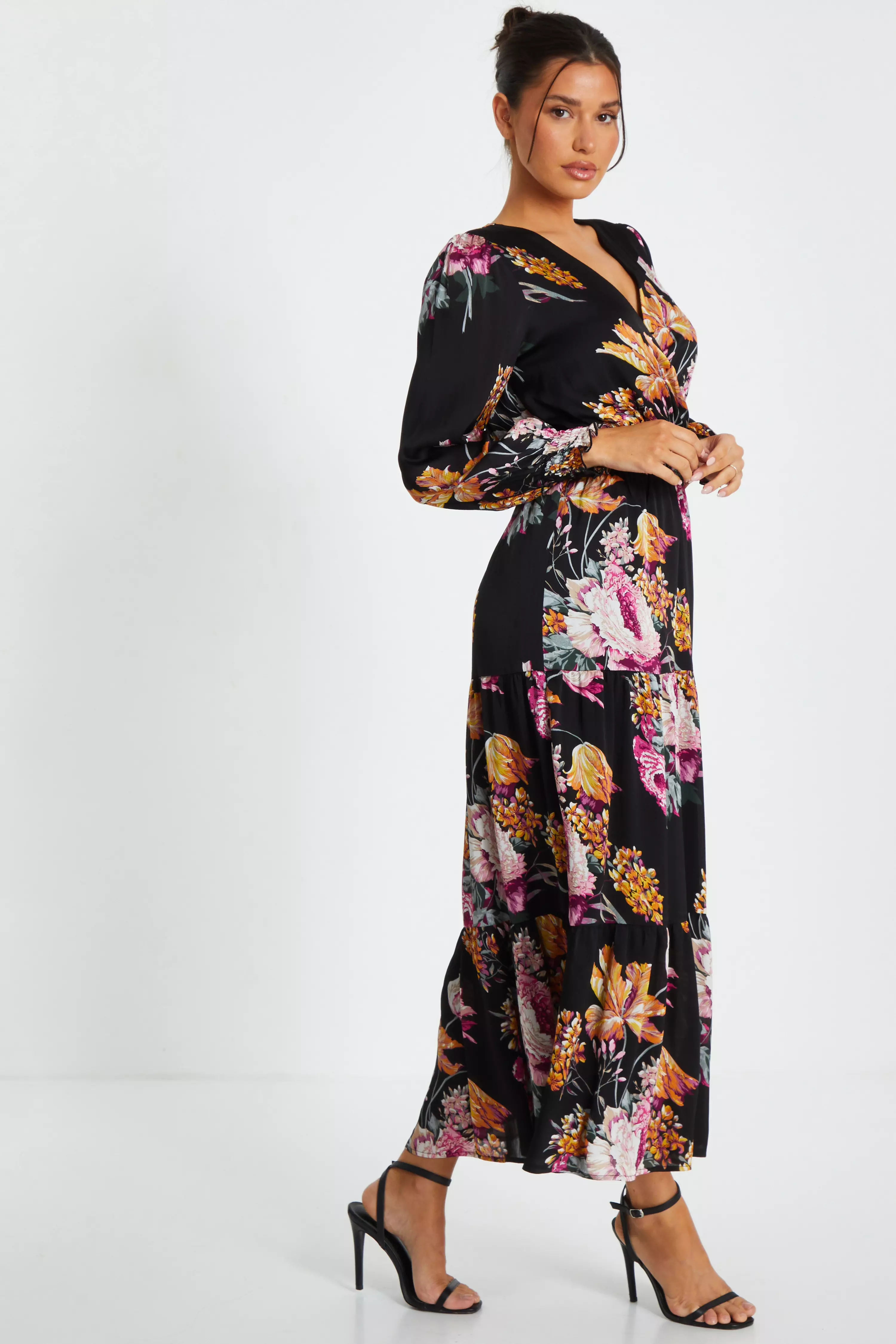 Black Floral Chiffon Tiered Midaxi Dress