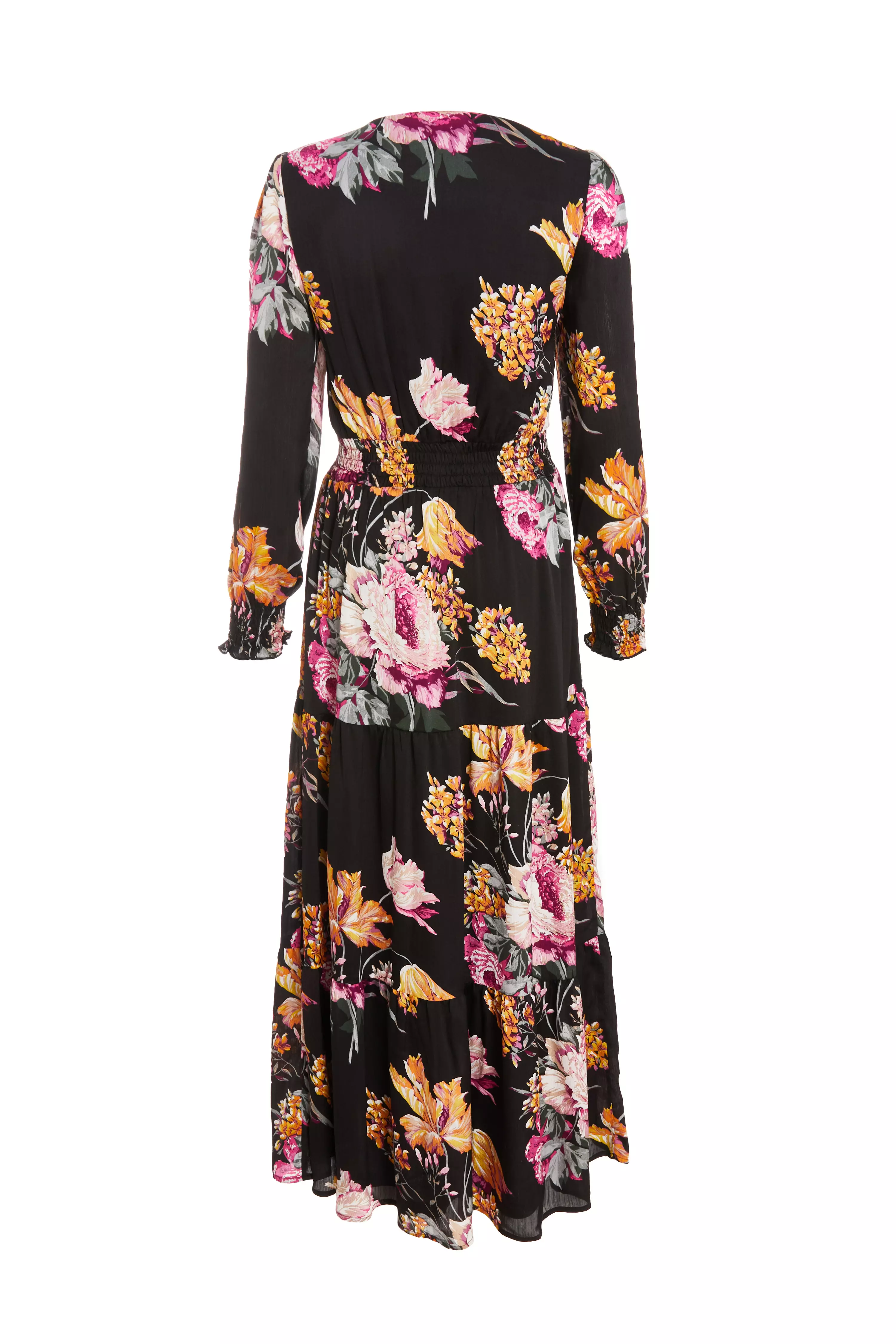 Black Floral Chiffon Tiered Midaxi Dress